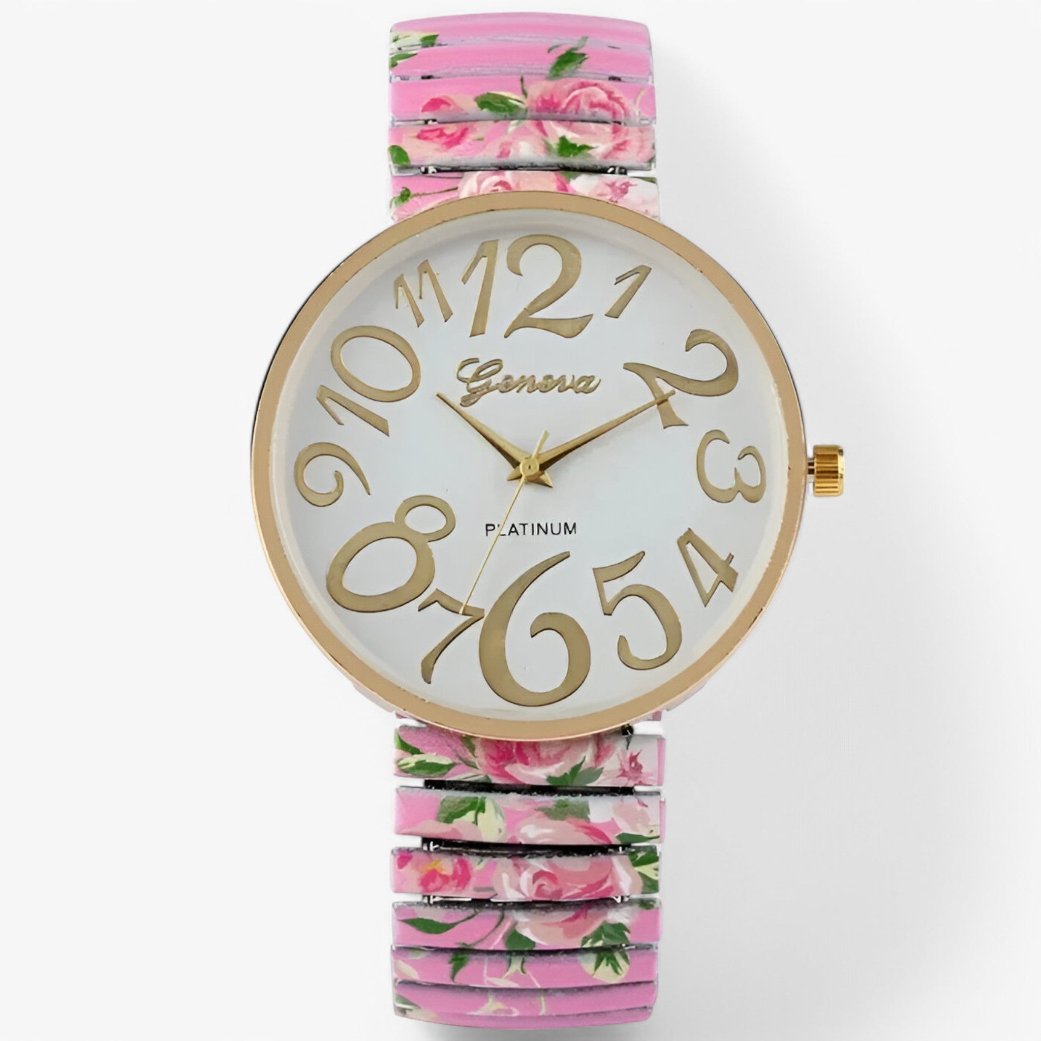 Janine | Damesur med store tal og elastisk rem - lyserød rem - watches - {{ product_tags }