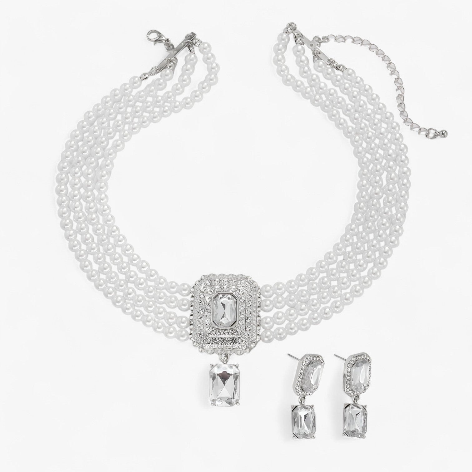 Rebecca | Lacteo Retro Elegance: Flerlaget perle-smykkesæt til damer - gennemsigtig sølv farve - women's fashion - {{ product_tags }