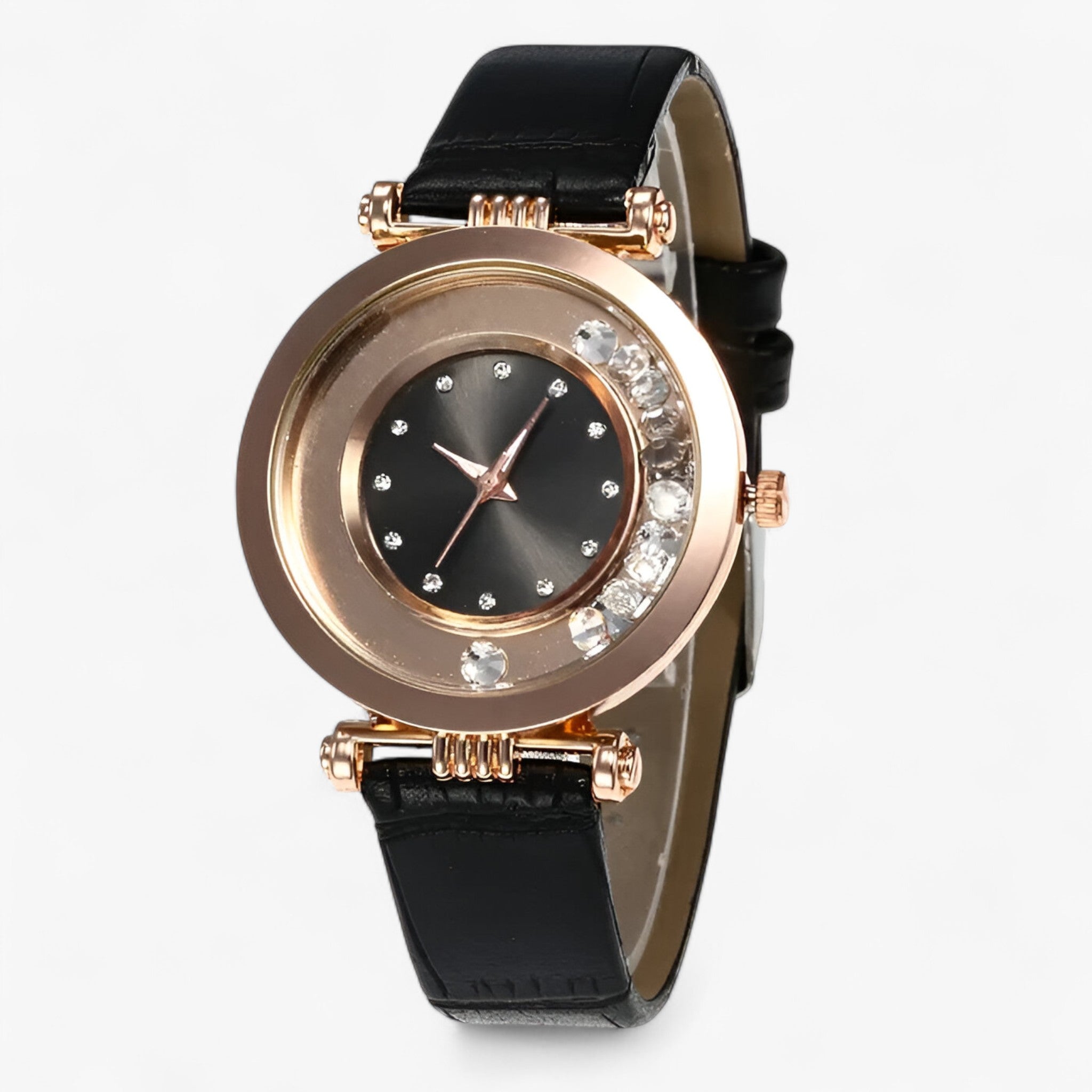 Bozena | Elegant dameur med læderrem og rhinstensspænde - Sort - watches - {{ product_tags }