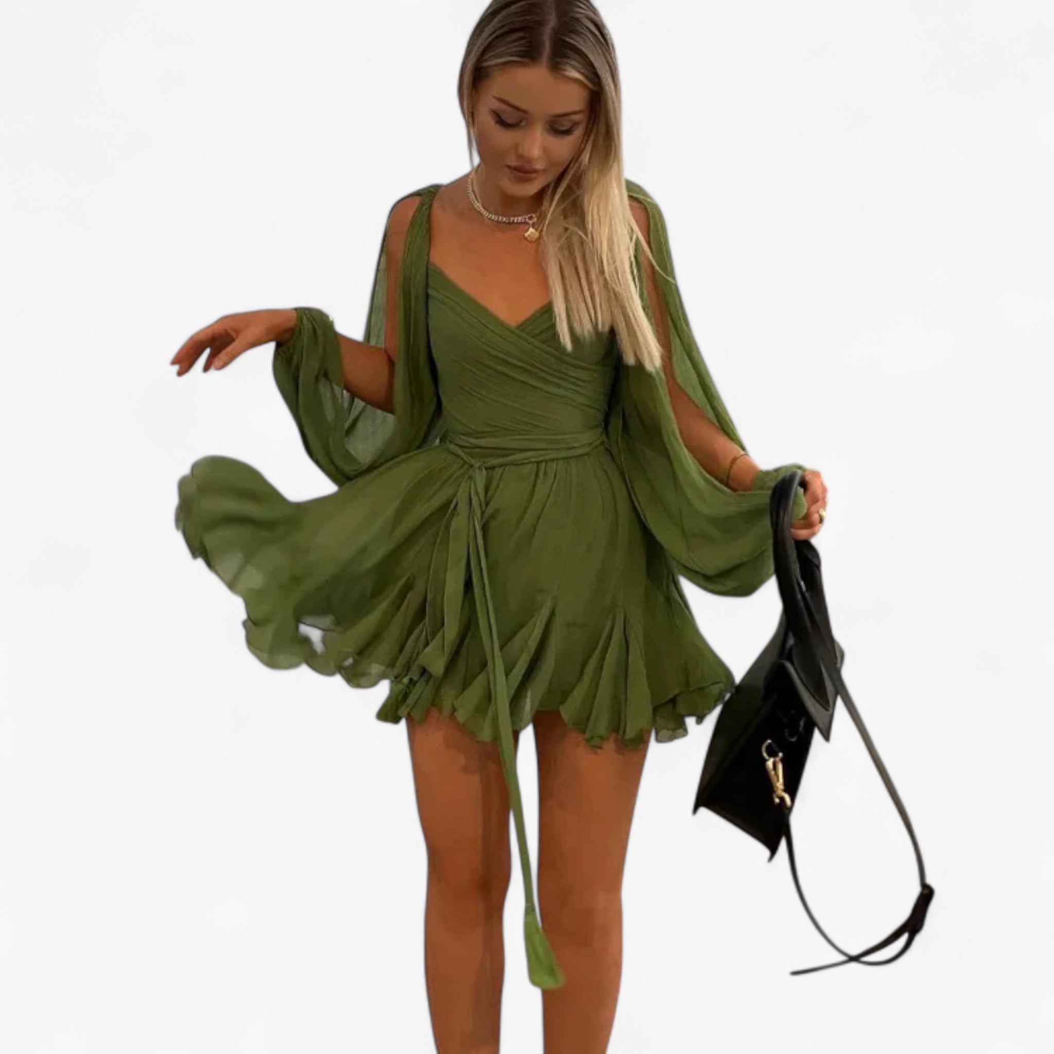 Sexet grøn plisseret minikjole med lange ærmer og V-udskæring - - women's fashion - {{ product_tags }
