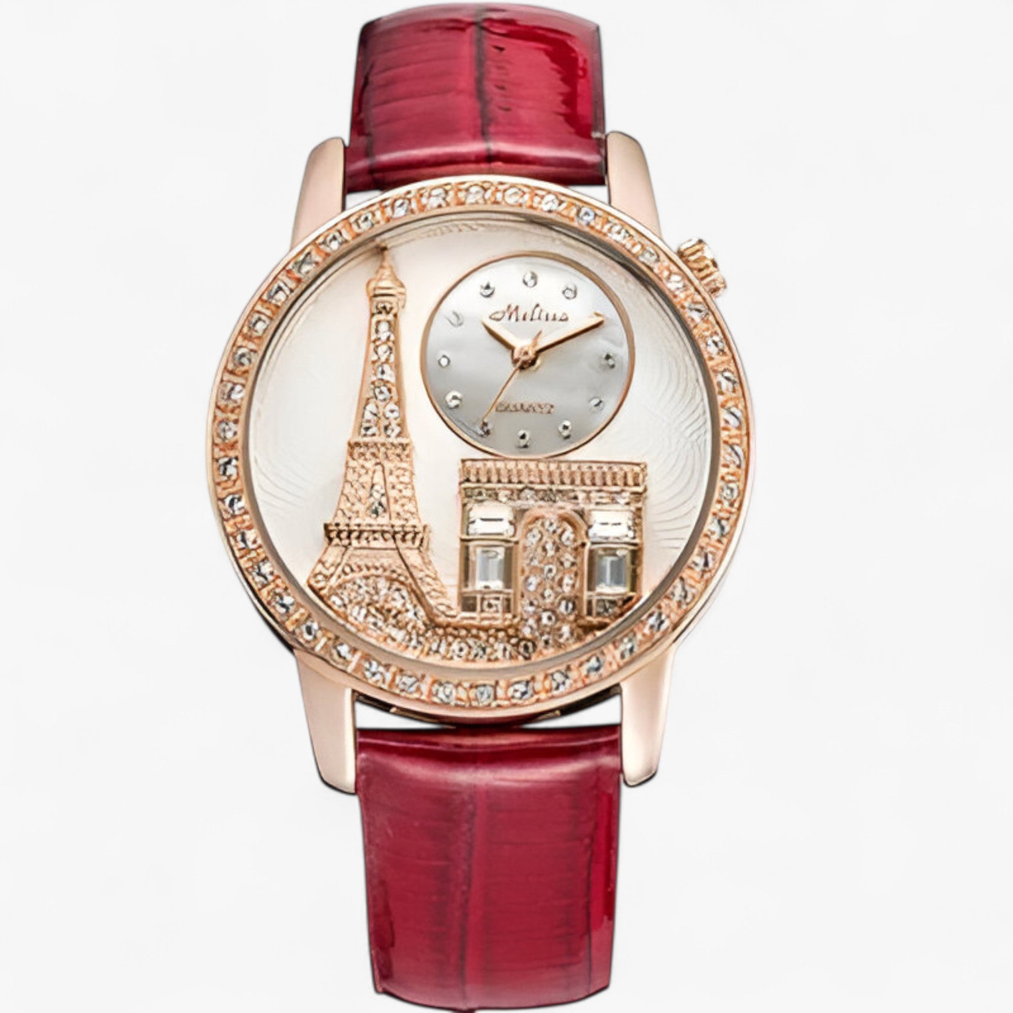 Nessa | Vandtæt kvartsur til kvinder med læderrem og Eiffeltårn - Rød - watches - {{ product_tags }