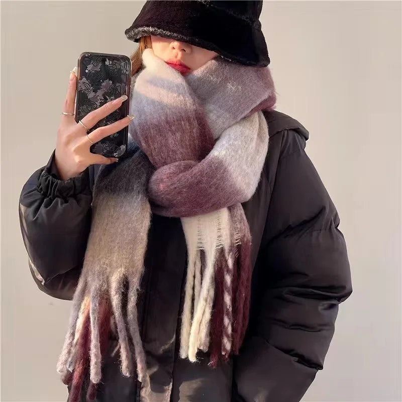 Dame Oversized Vintertørklæde med Farveovergang og Frynser