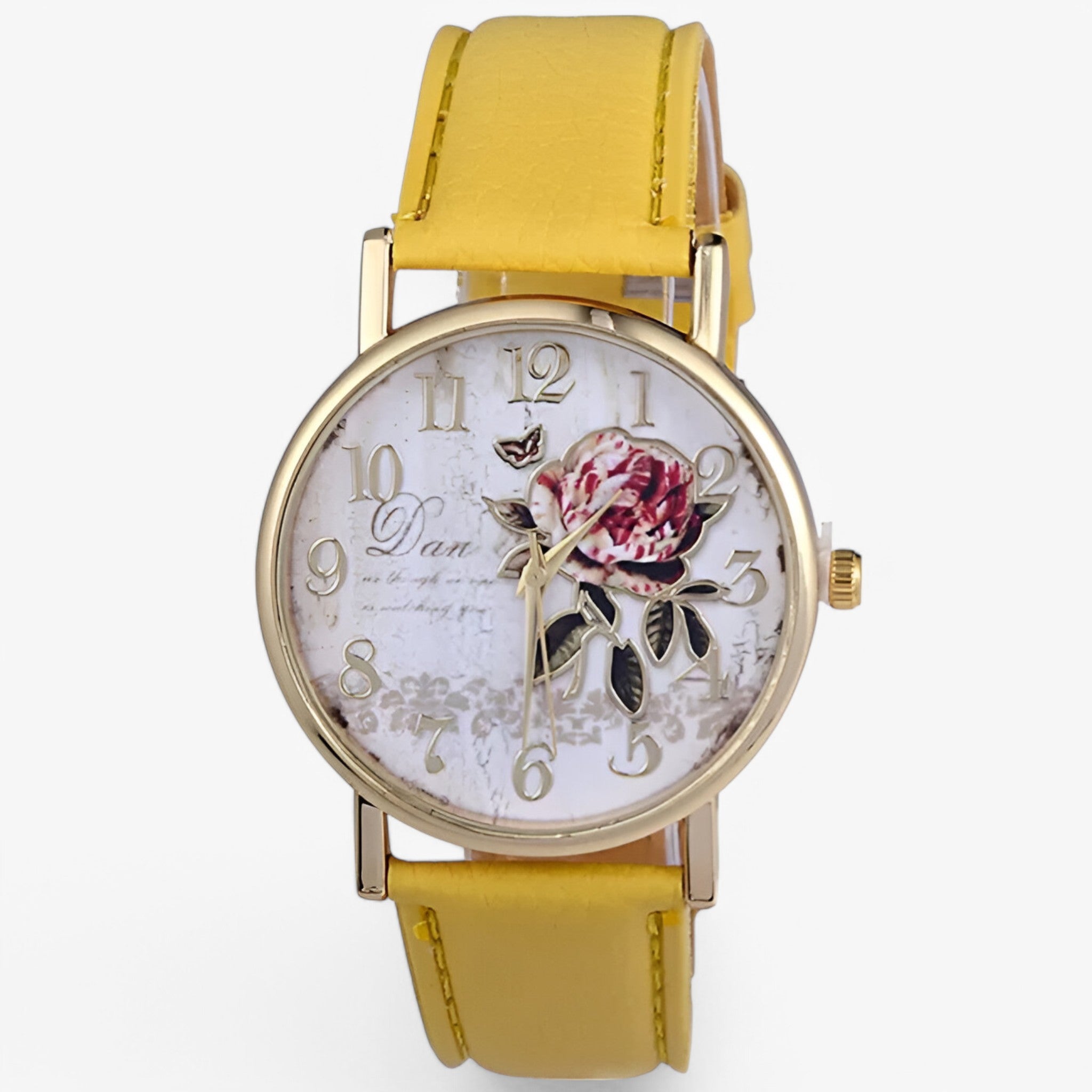 Lara | Elegant ur med pink blomst og imiteret læderrem - Gul - watches - {{ product_tags }