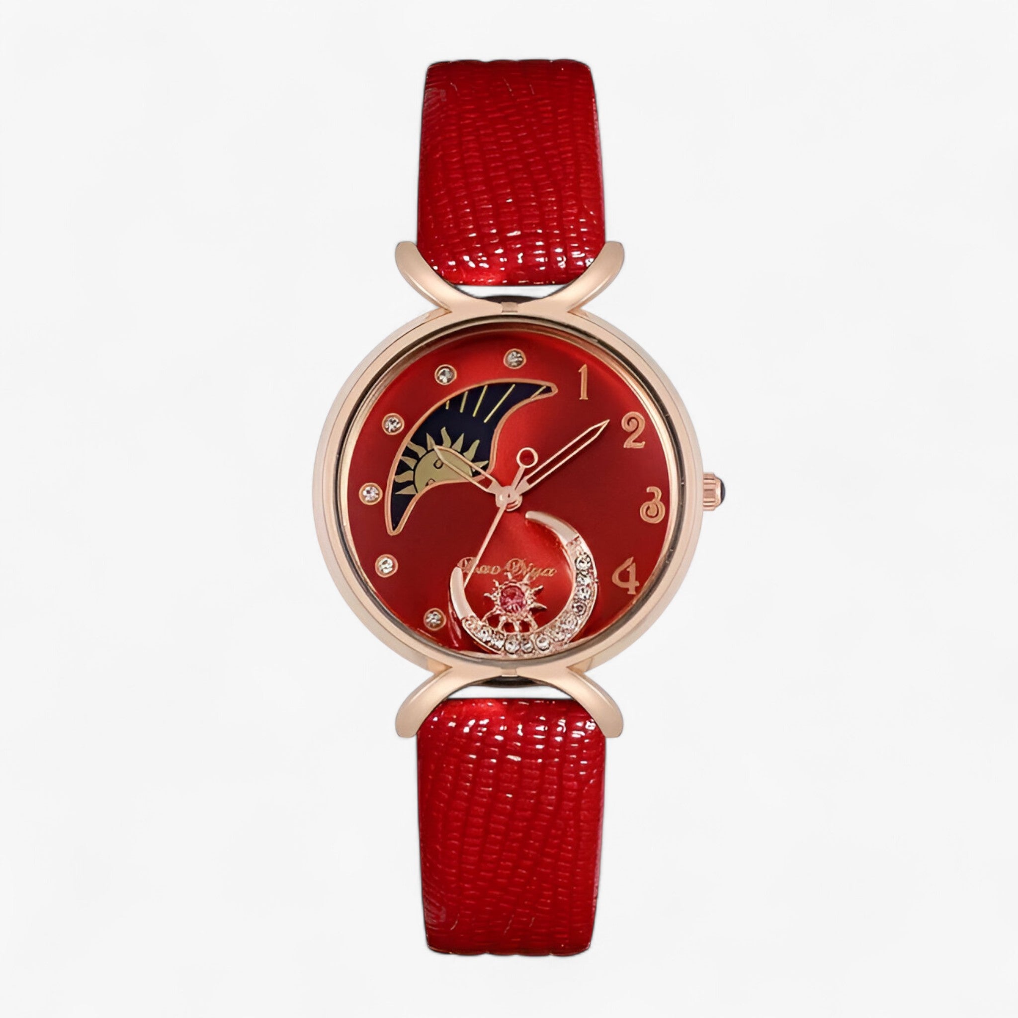 Lucia | Luksus dame quartz ur med læderrem og moving moon - Rød - watches - {{ product_tags }