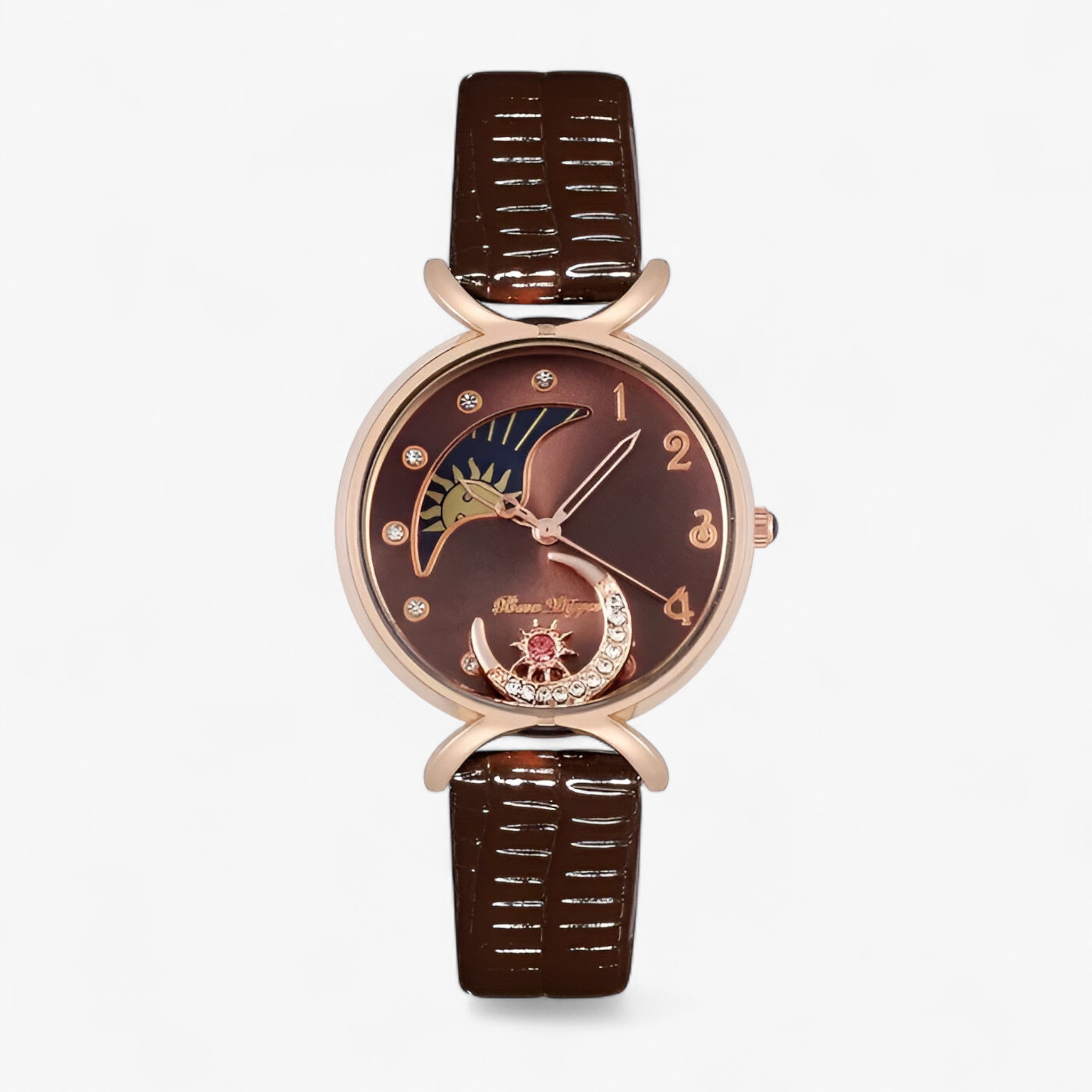 Lucia | Luksus dame quartz ur med læderrem og moving moon - Brun - watches - {{ product_tags }
