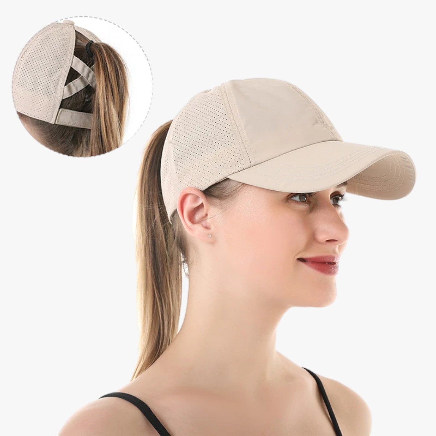Aliyah | Sportscappe til sommer med hestehale og åndbart netmateriale - Khaki - Aliyah | Sportscappe til sommer med hestehale og åndbart netmateriale - €25 - {{ product_tags }