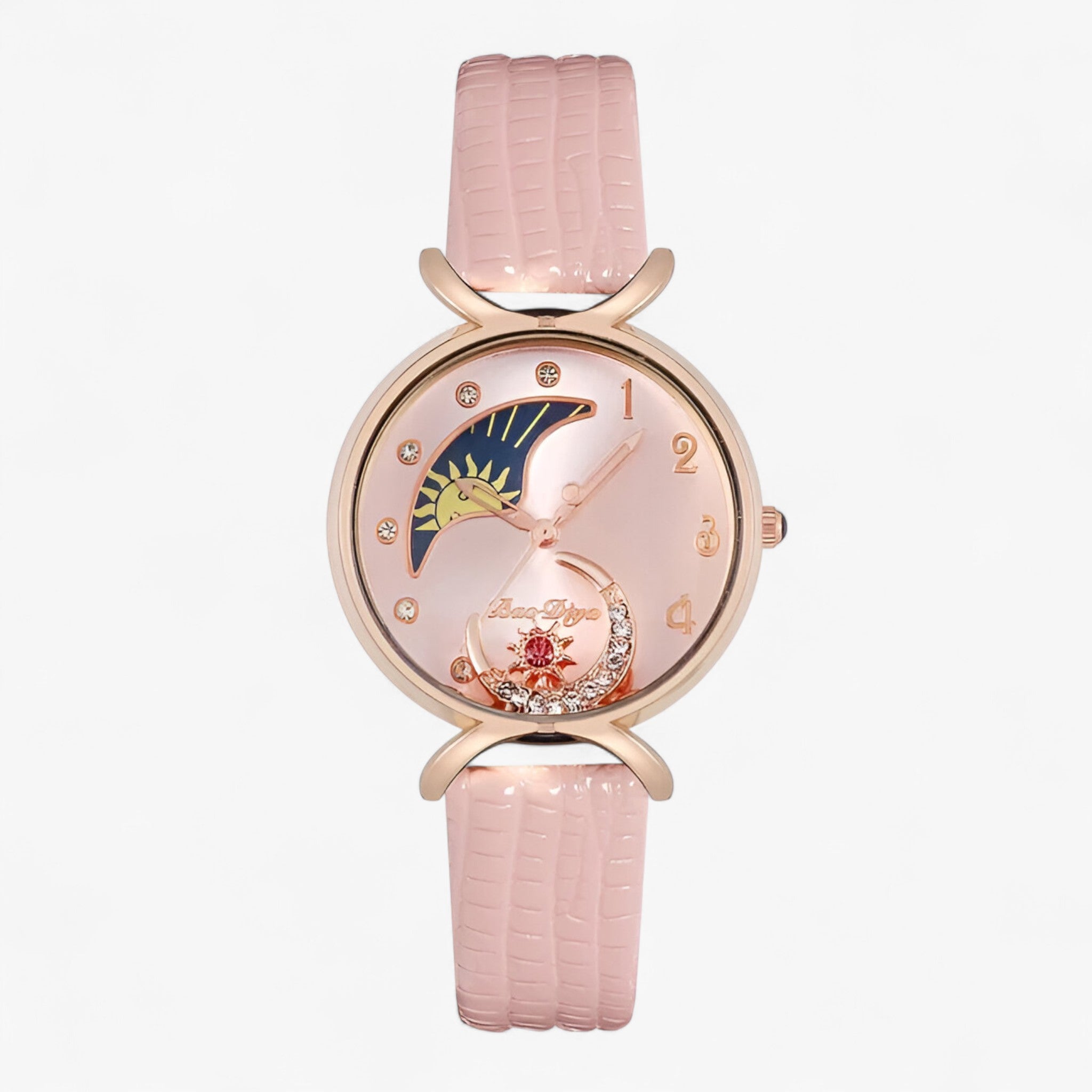 Lucia | Luksus dame quartz ur med læderrem og moving moon - Lyserød - watches - {{ product_tags }