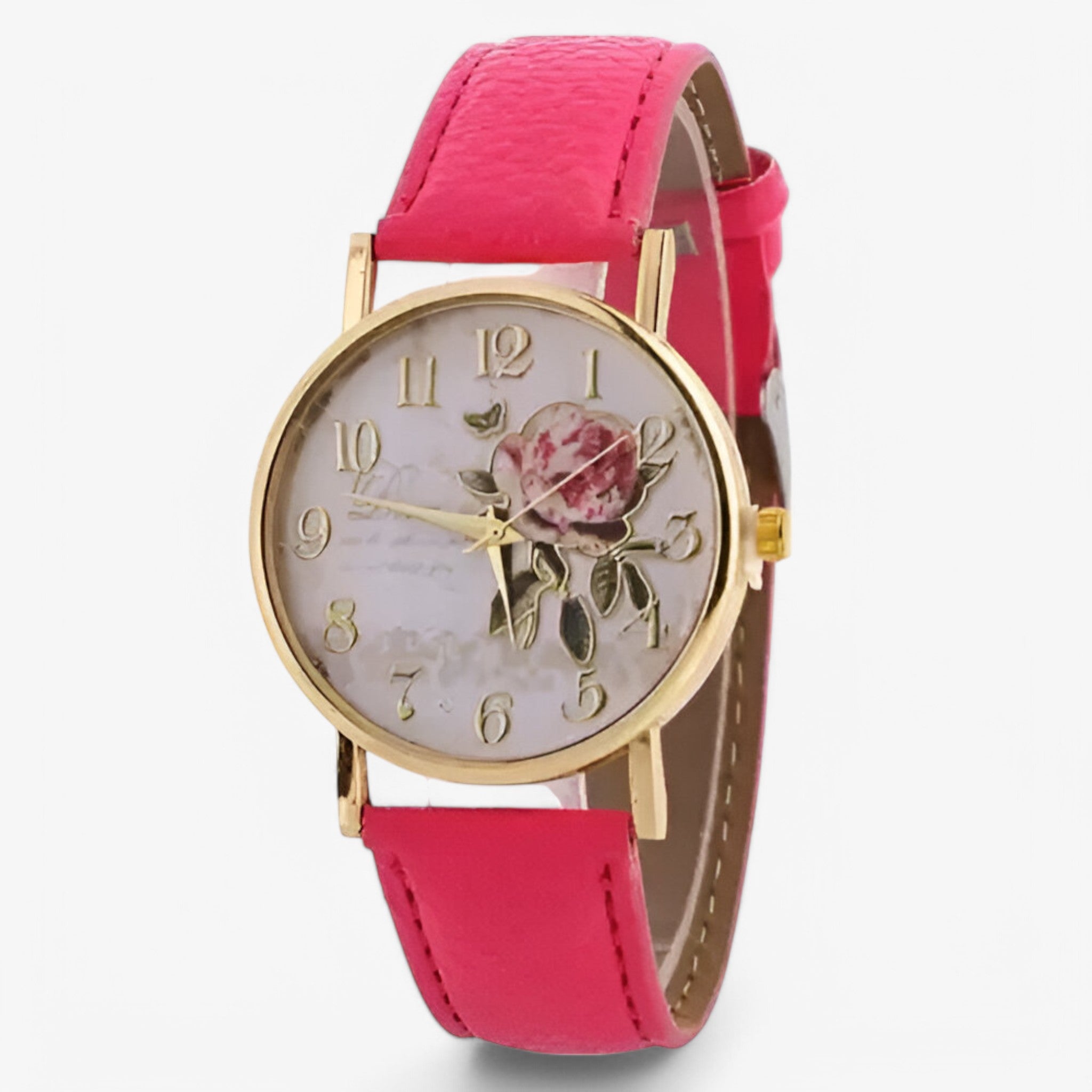 Lara | Elegant ur med pink blomst og imiteret læderrem - Lyserød - watches - {{ product_tags }