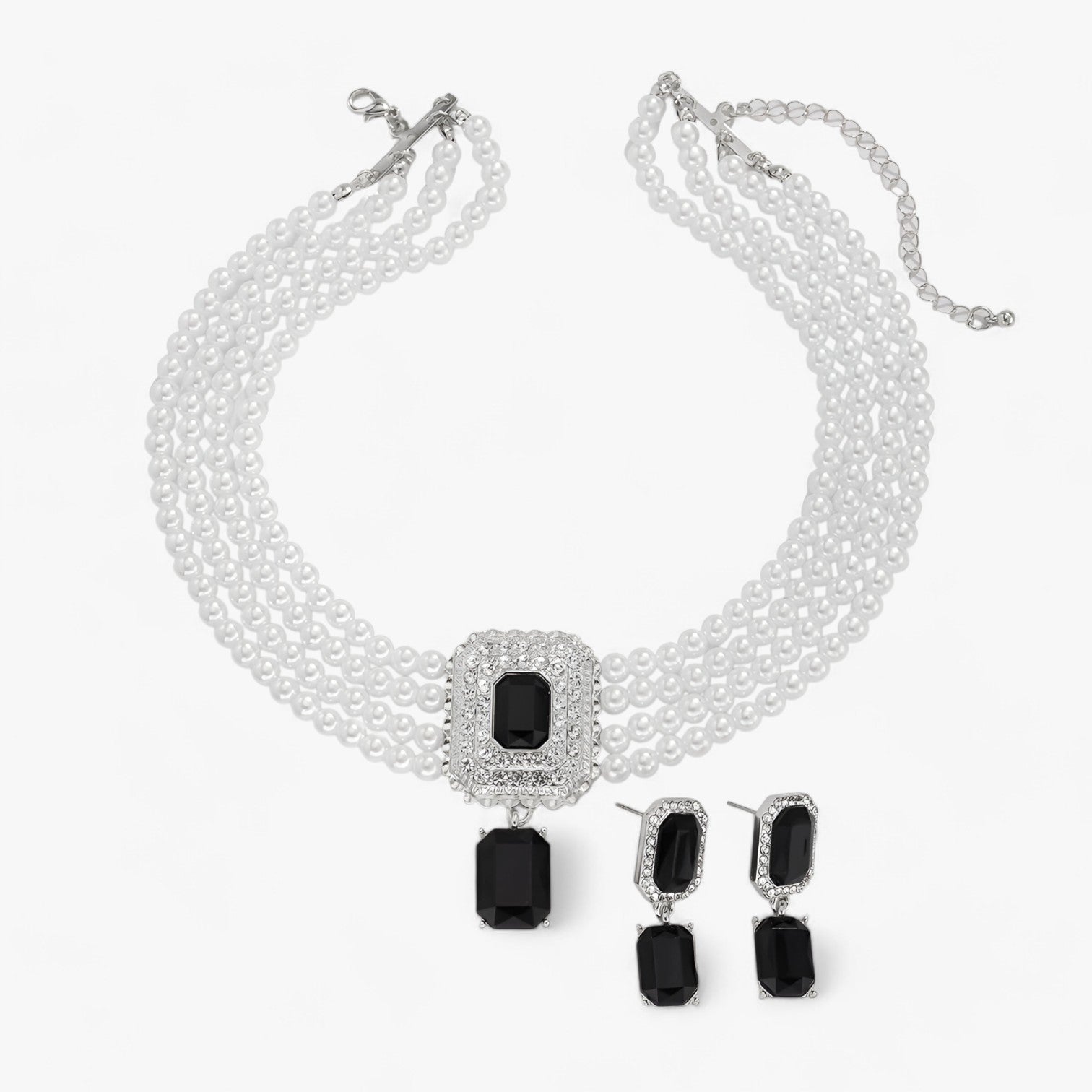 Rebecca | Lacteo Retro Elegance: Flerlaget perle-smykkesæt til damer - sort sølv farve - women's fashion - {{ product_tags }