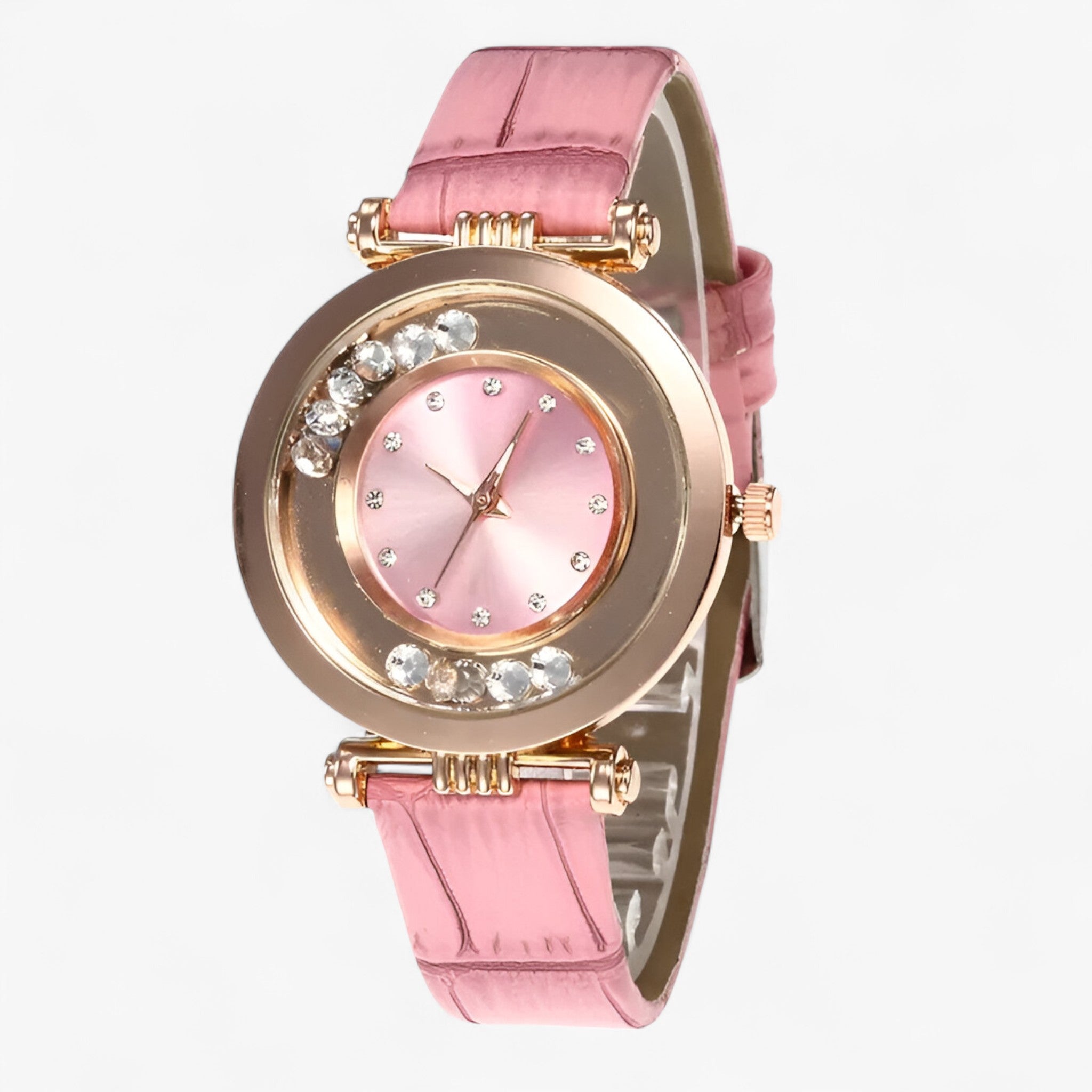 Bozena | Elegant dameur med læderrem og rhinstensspænde - Lyserød - watches - {{ product_tags }