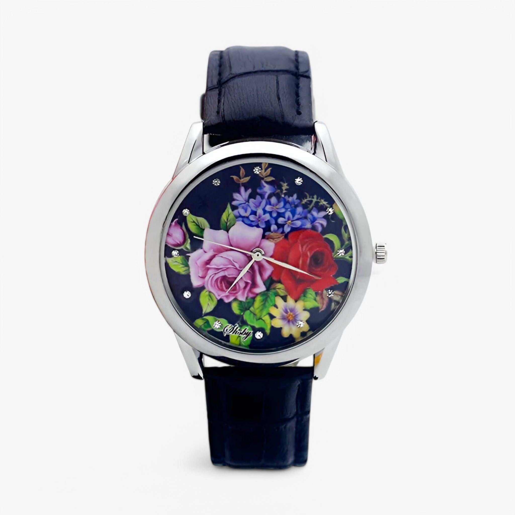 Kaia | Dameur med læderrem og elegant blomster urskive - mørkeblå - Kaia | Dameur med læderrem og elegant blomster urskive- €25 - {{ product_tags }