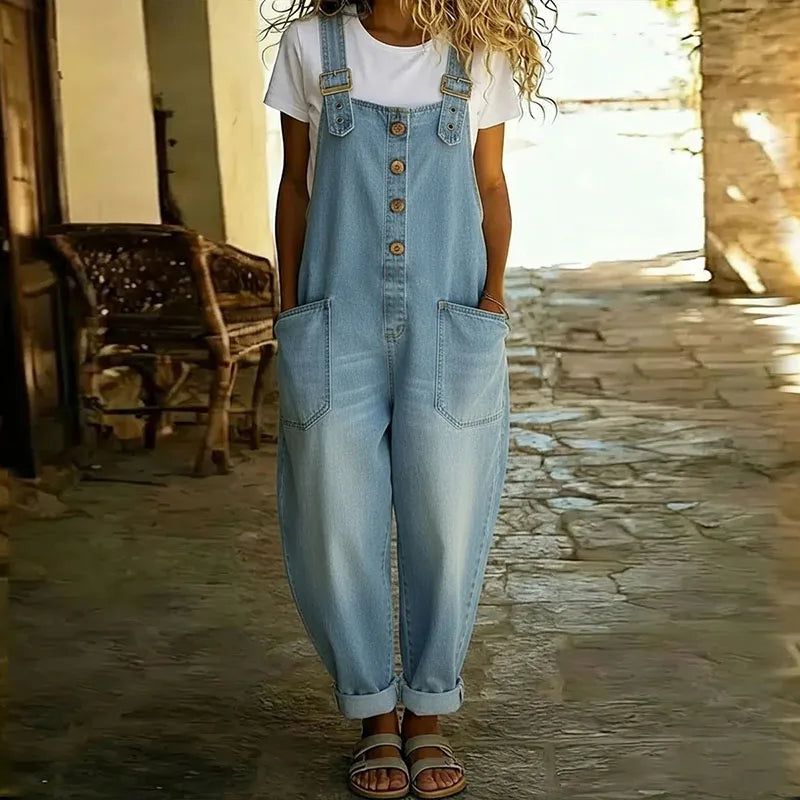 Mara - Vintage bløde bomulds-denim-look overalls med justerbare stropper