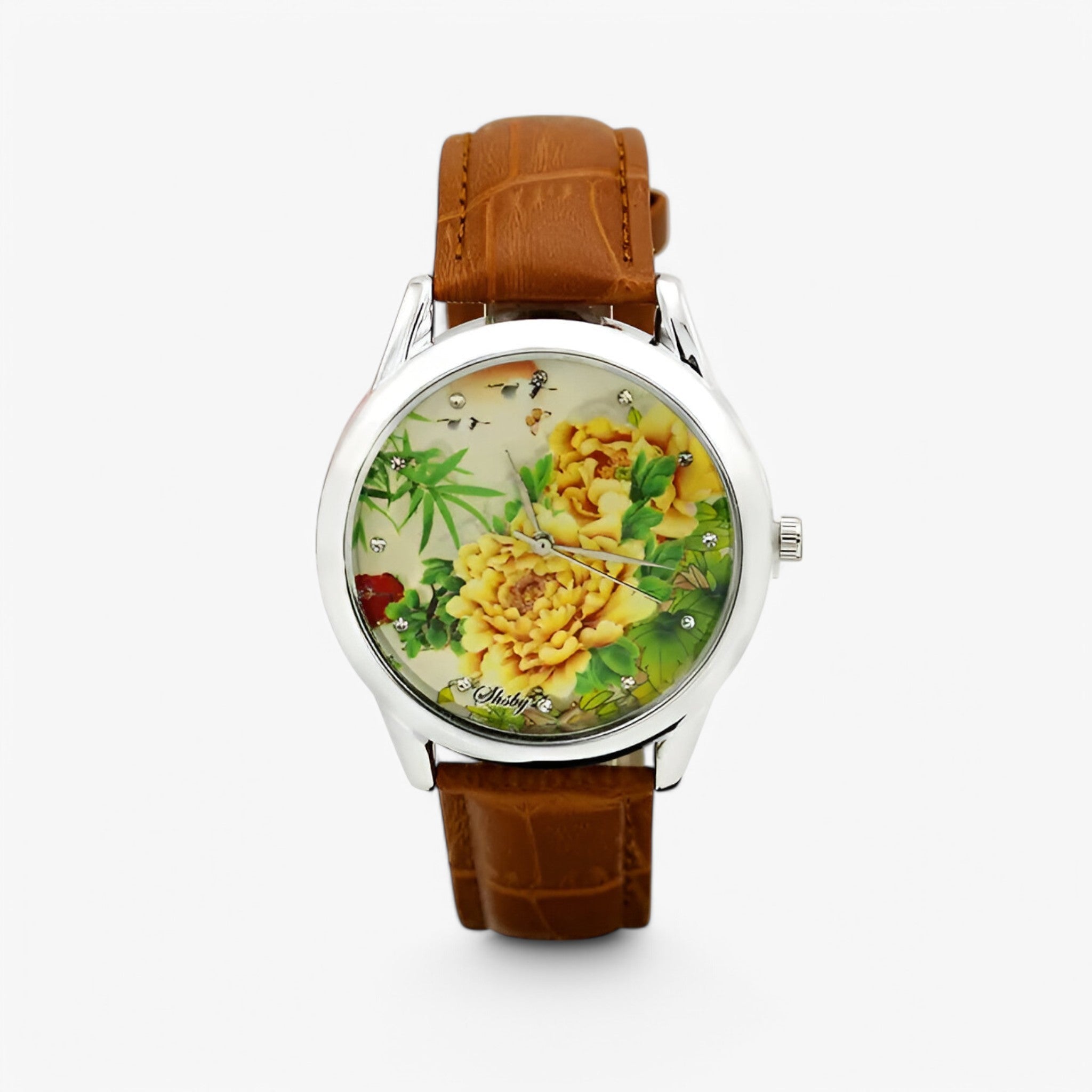 Kaia | Dameur med læderrem og elegant blomster urskive - kaki - Kaia | Dameur med læderrem og elegant blomster urskive- €25 - {{ product_tags }