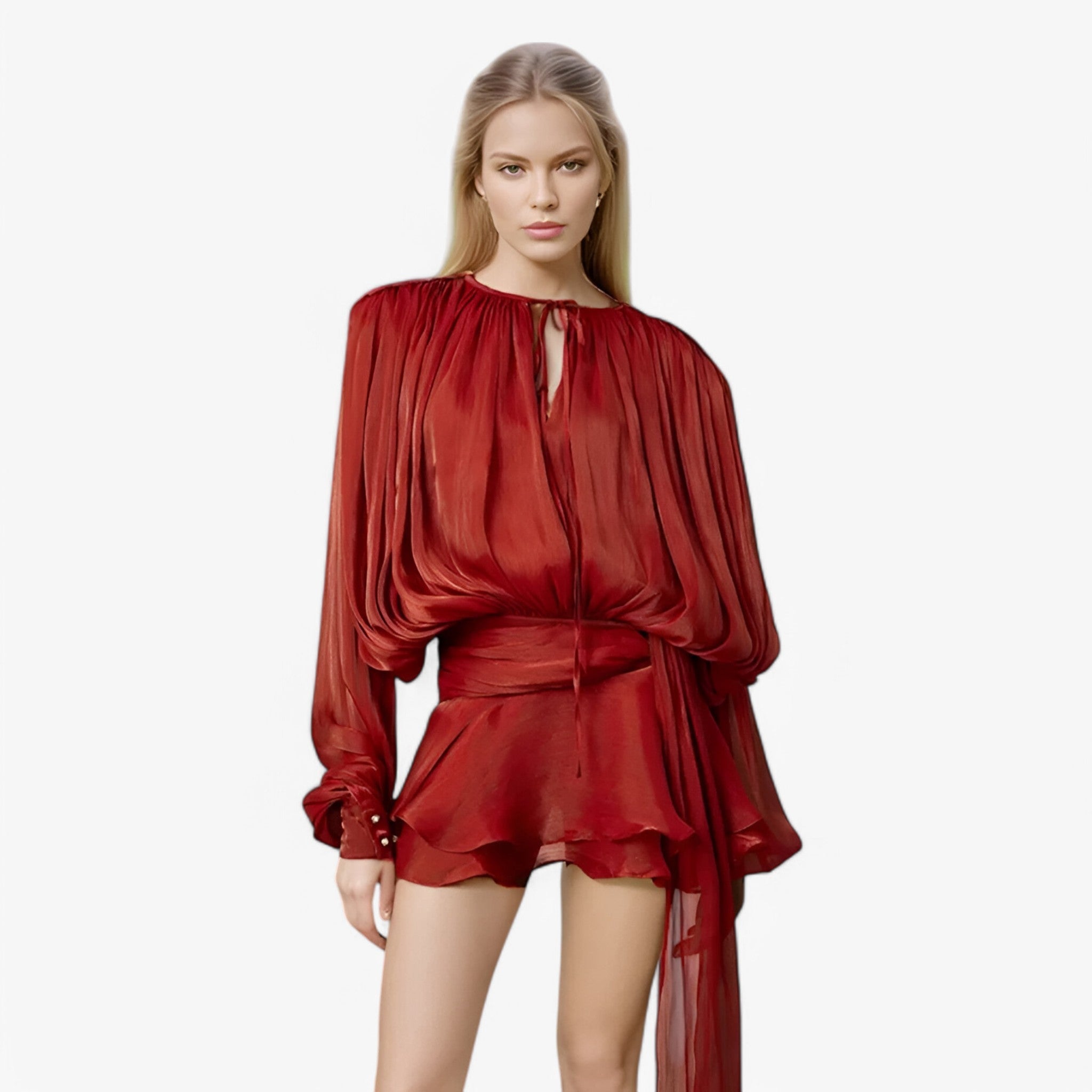Alessia | Elegant kjole med flæser og lanterneærmer - Rød - women's fashion - {{ product_tags }