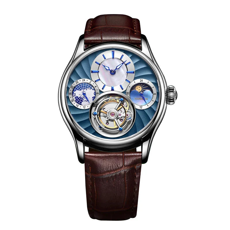 Helio | Tourbillon luksus mekanisk ur - Blauw zilver (bruin) - watches - {{ product_tags }