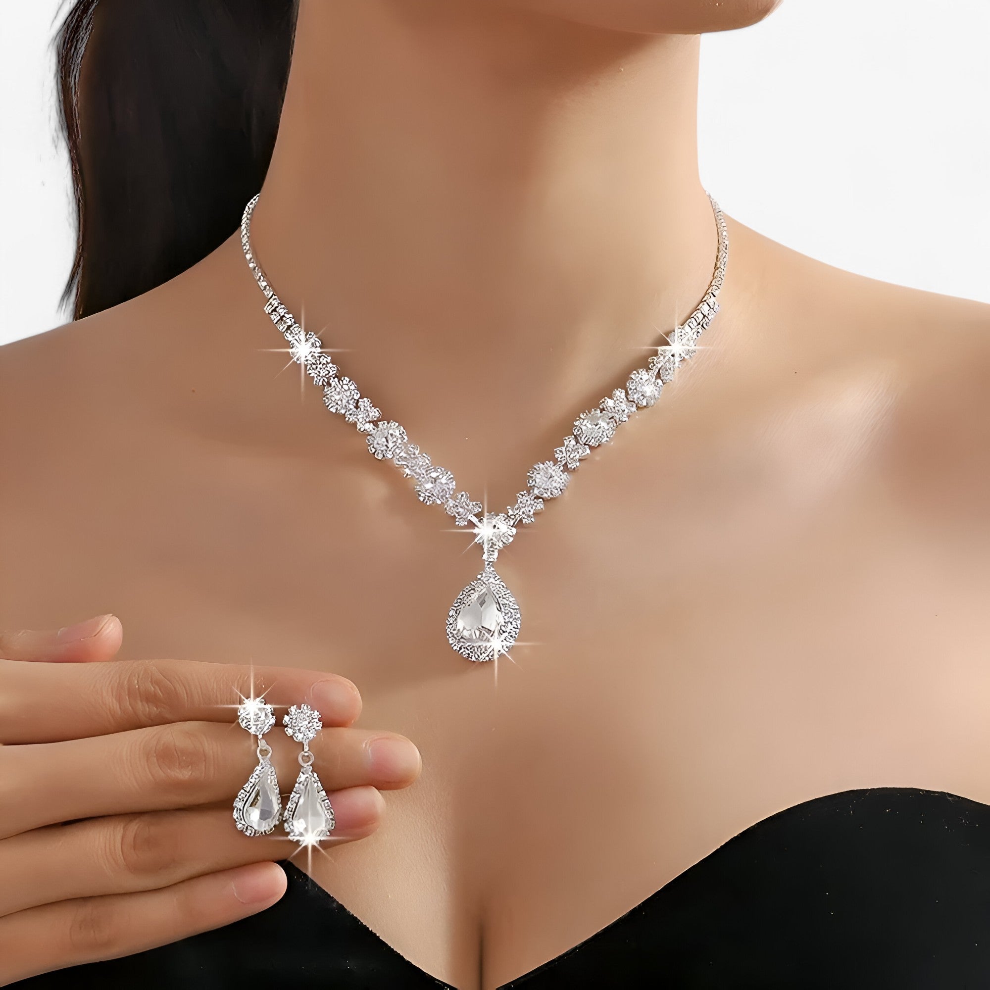 Amanda | Elegant vielsesæt 2 dele - dråpehæng og øreringe - Hvid 2 - women's fashion - {{ product_tags }