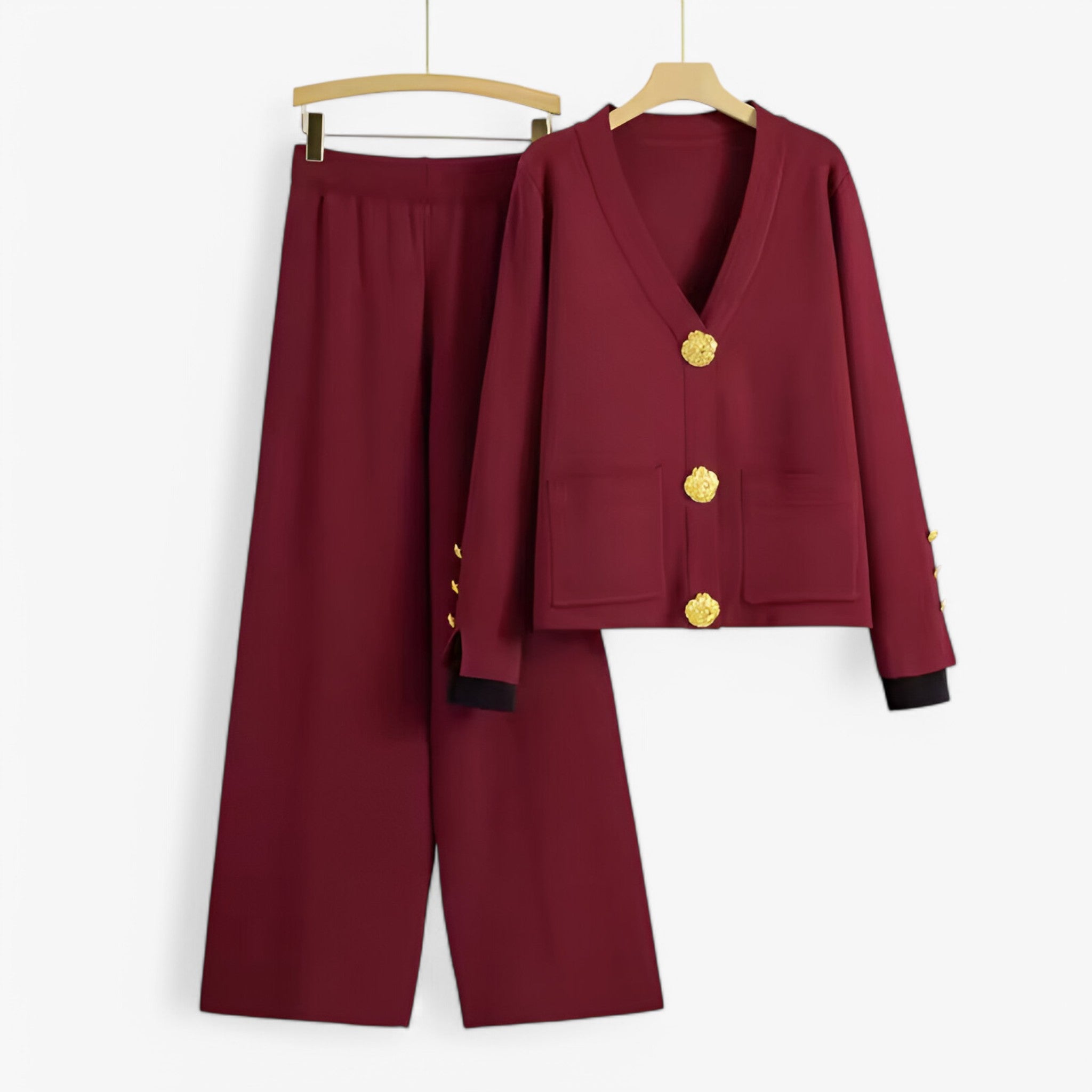 Elena | Strikket todelt sæt med cardigan og bukser - Burgundy En størrelse passer alle - women's fashion - {{ product_tags }