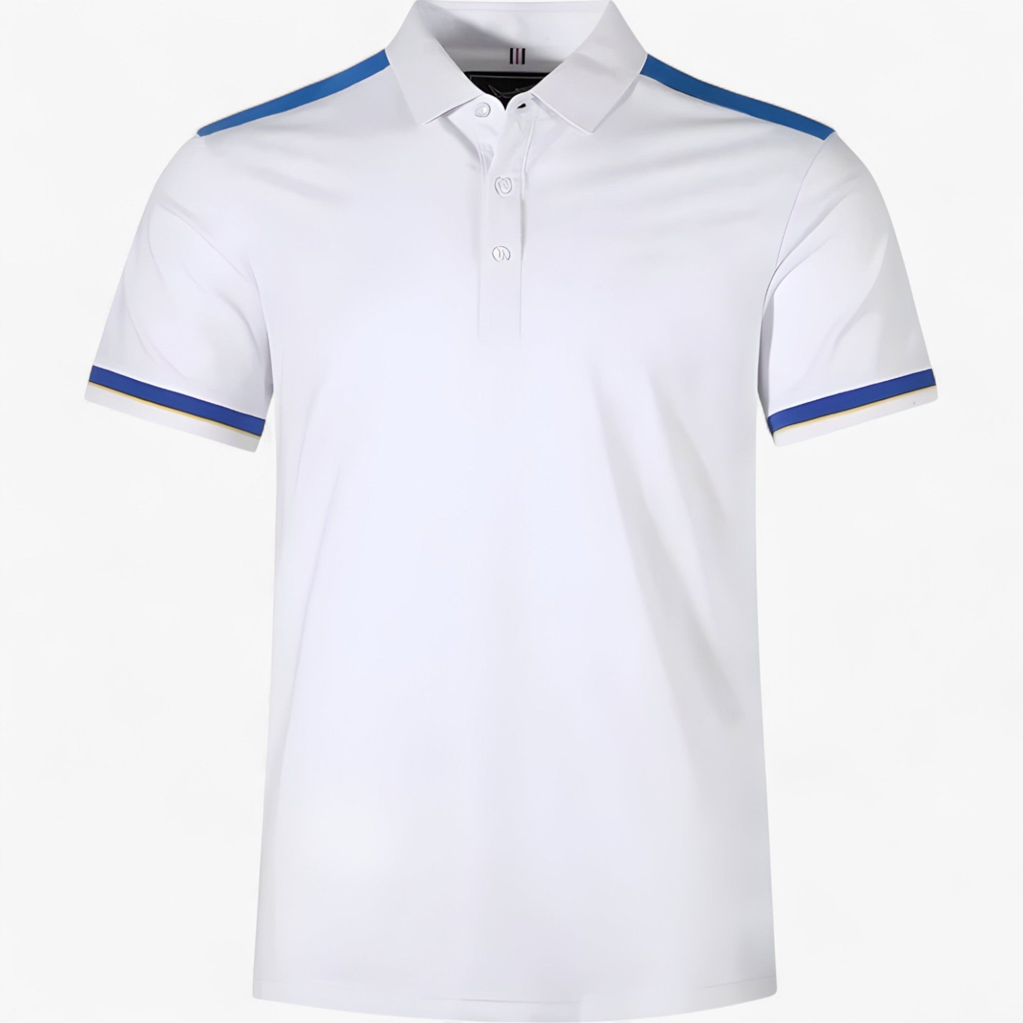 Theo | Mænds afslappede polokjole - Sportslig design med kontrastfarvede skuldre - Hvid - Theo | Mænds afslappede polokjole - Sportslig design med kontrastfarvede skuldre - €25 - {{ product_tags }