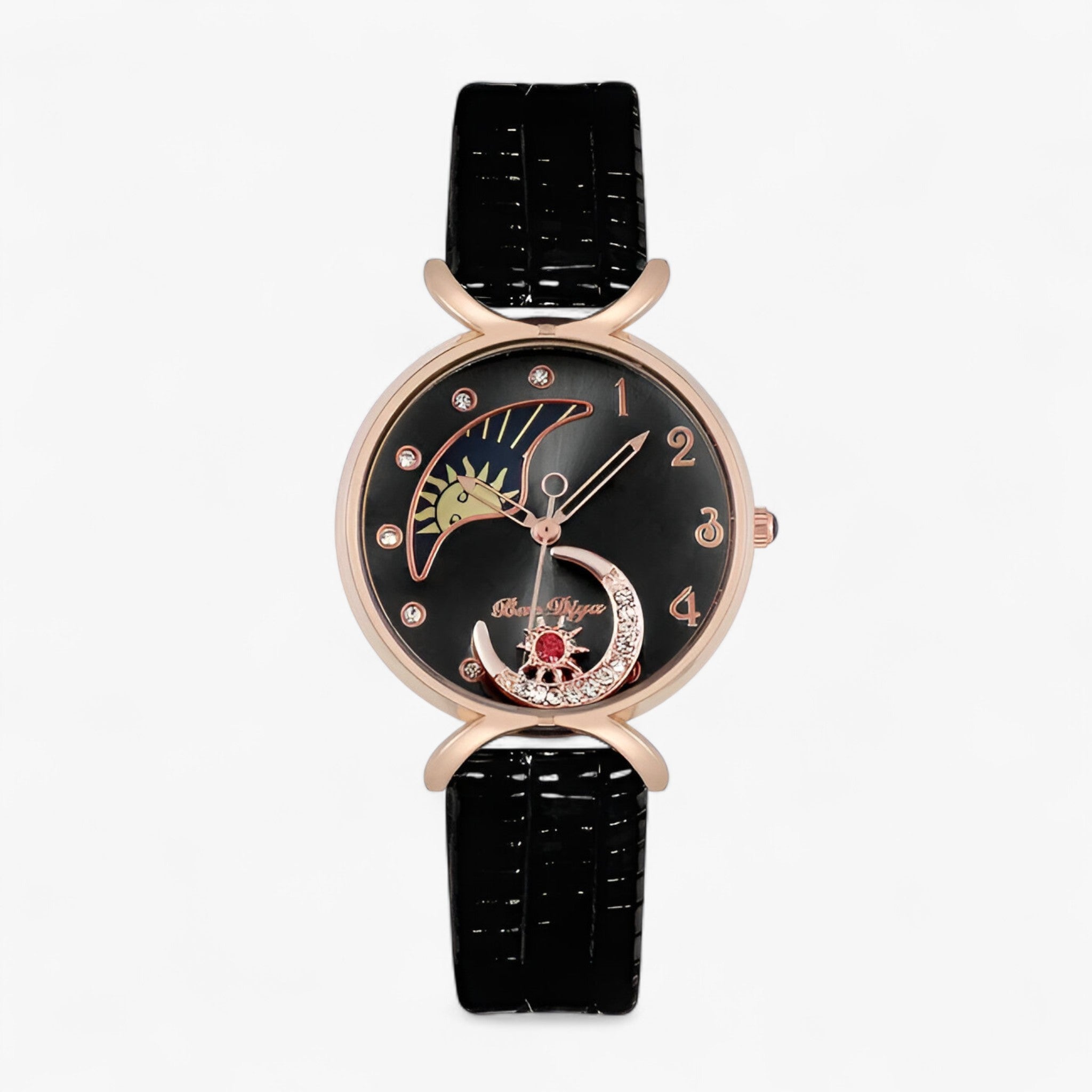 Lucia | Luksus dame quartz ur med læderrem og moving moon - Sort - watches - {{ product_tags }