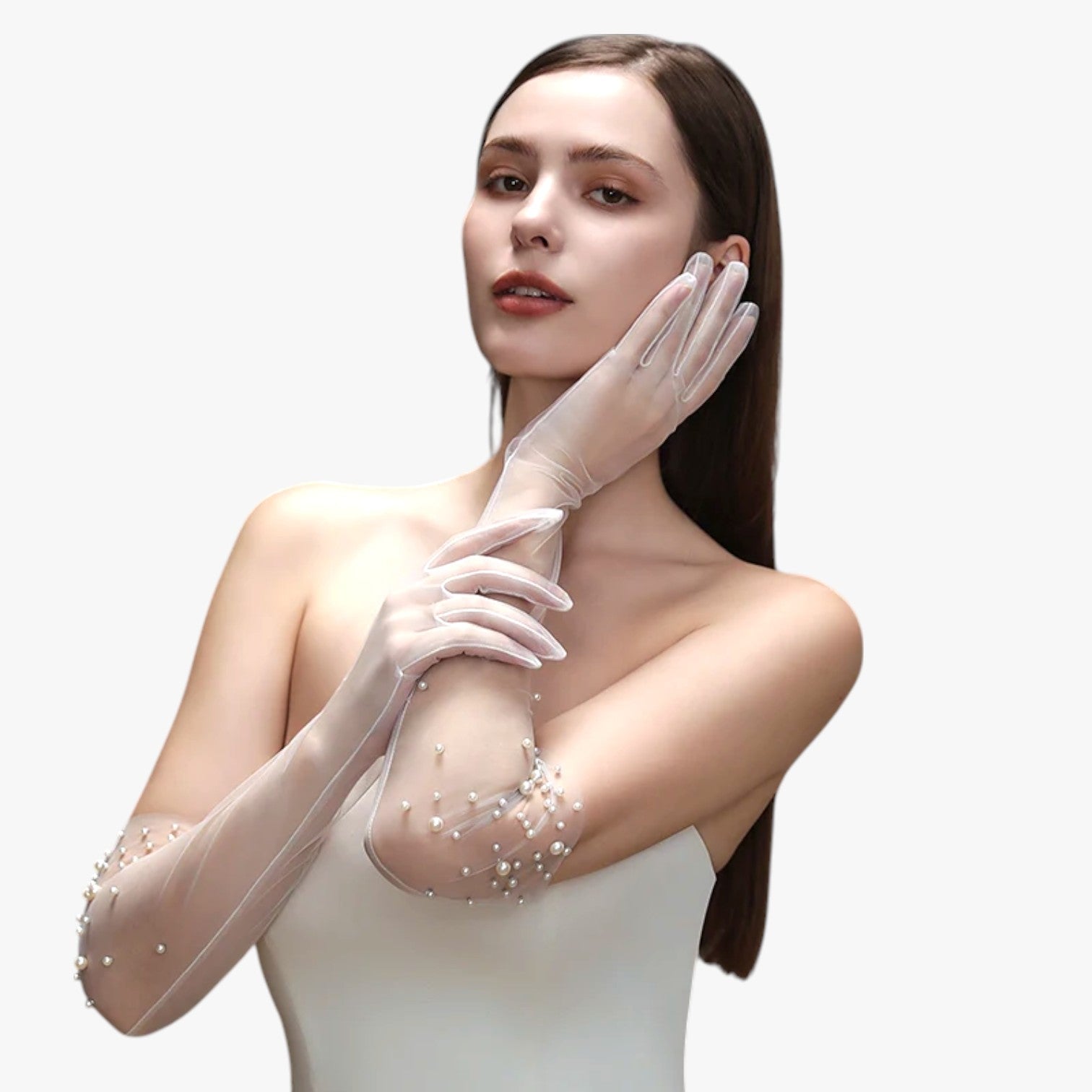 Vivian | Elegante brudesatinshandsker i tyl med fint perlebroderi Lang og let - - Vivian | Elegante brudesatinshandsker i tyl med fint perlebroderi Lang og let - €25 - {{ product_tags }