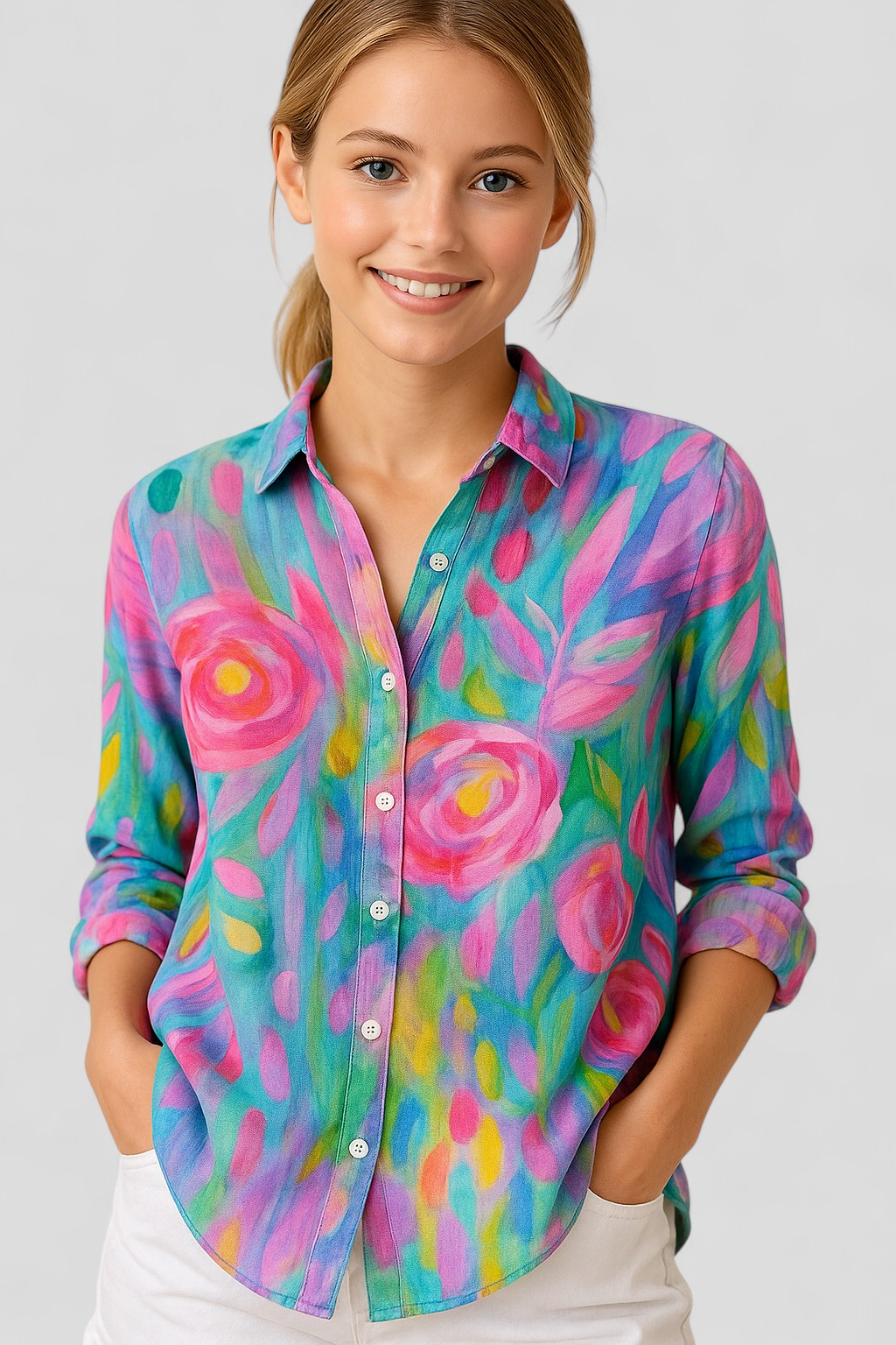 Norah | Skjortebluse Dame med Unik Farverig Print - - Bluser - {{ product_tags }