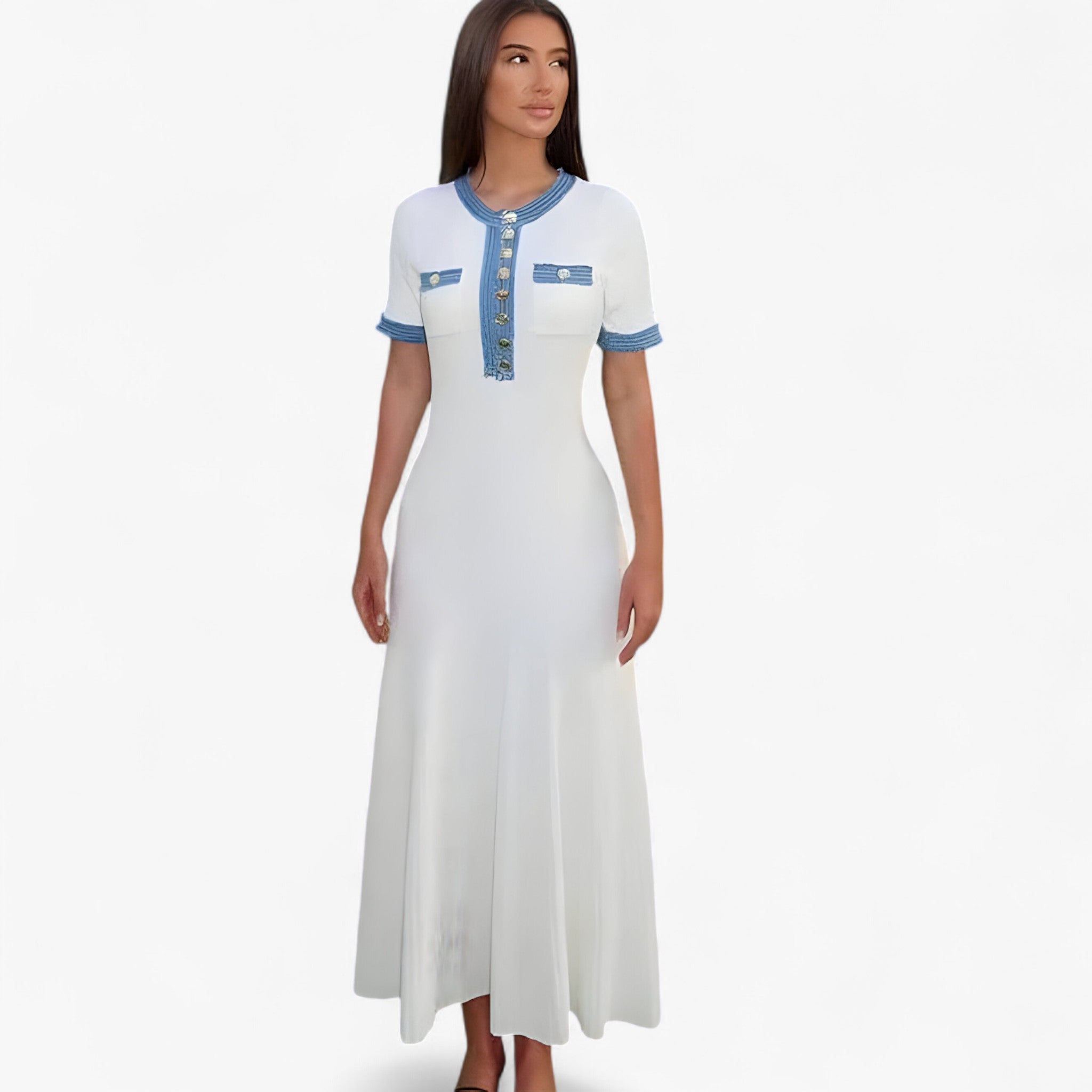 Lucia | Lang kjole i hvid strik med denim detaljer - - Lucia | Lang kjole i hvid strik med denim detaljer- €25 - {{ product_tags }
