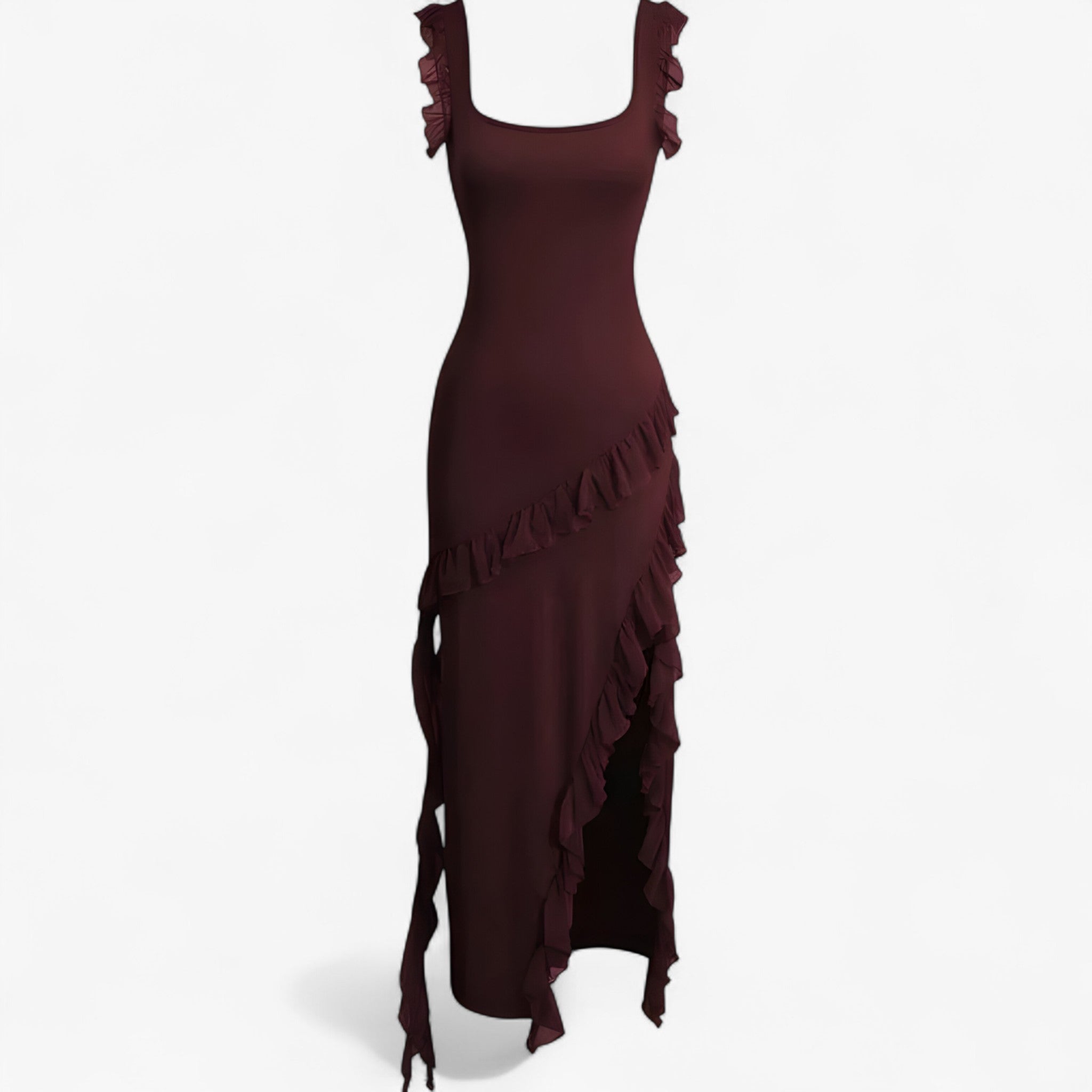 Romina | Midi-kjole med kaskadevolanger - Brun - women's fashion - {{ product_tags }