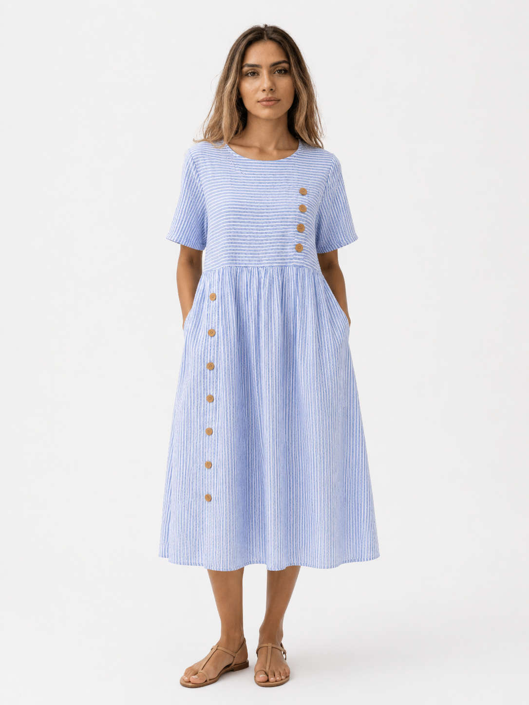 Edna | Stribet Midikjole i Polyester med Korte Ærmer - Blå - Dress - {{ product_tags }