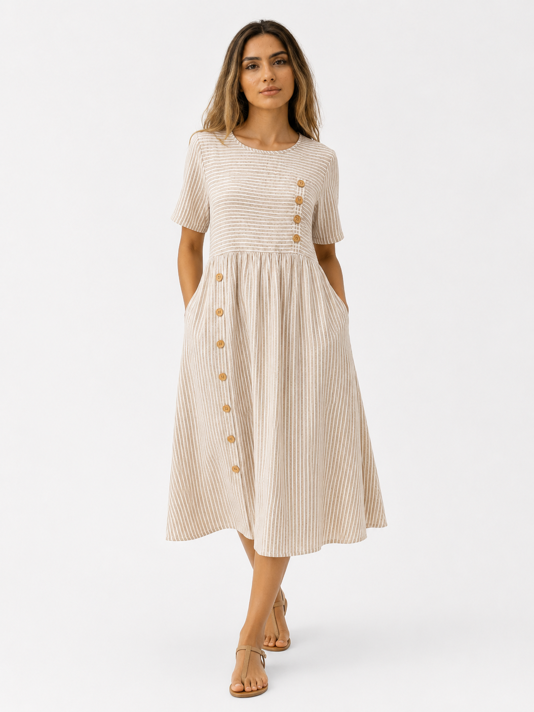 Edna | Stribet Midikjole i Polyester med Korte Ærmer - Beige - Dress - {{ product_tags }