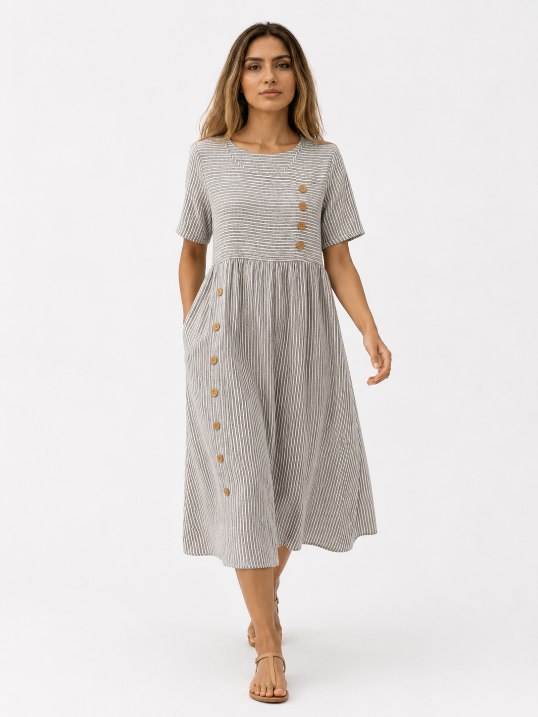 Edna | Stribet Midikjole i Polyester med Korte Ærmer - Sort - Dress - {{ product_tags }