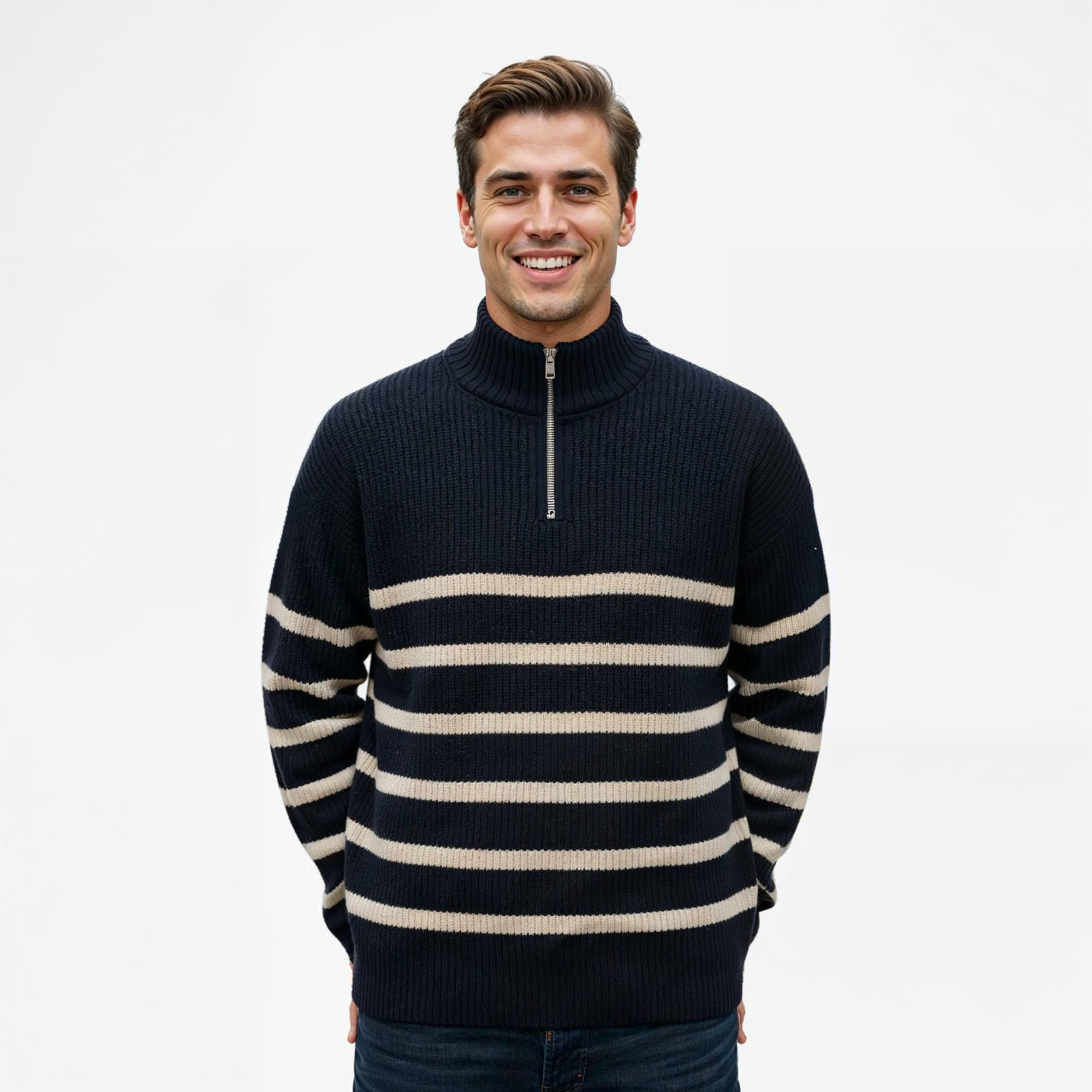 Theo | Herre Halv-Zip Striktrøje med Striber - - Sweatre - {{ product_tags }