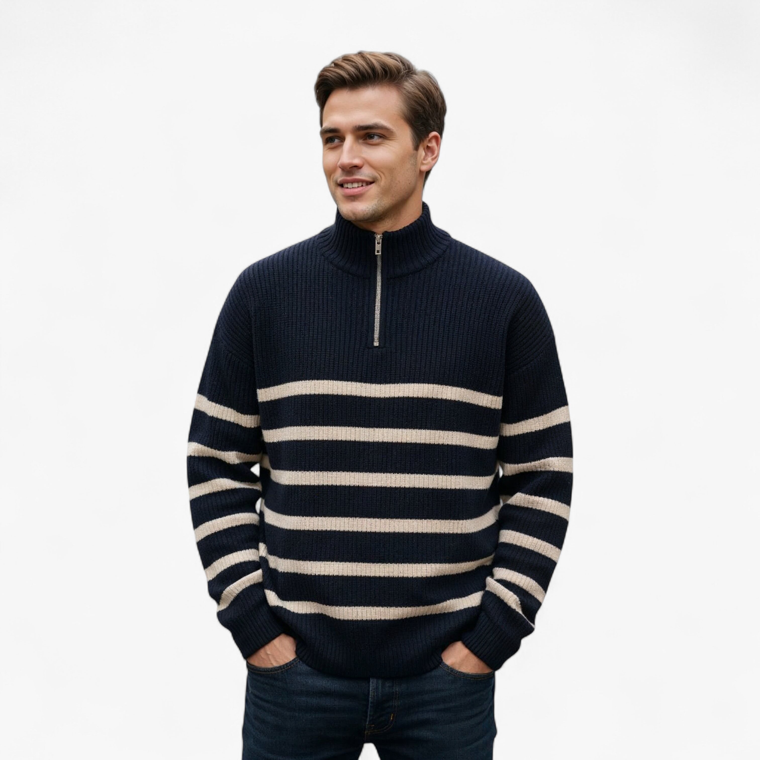 Theo | Herre Halv-Zip Striktrøje med Striber - - Sweatre - {{ product_tags }