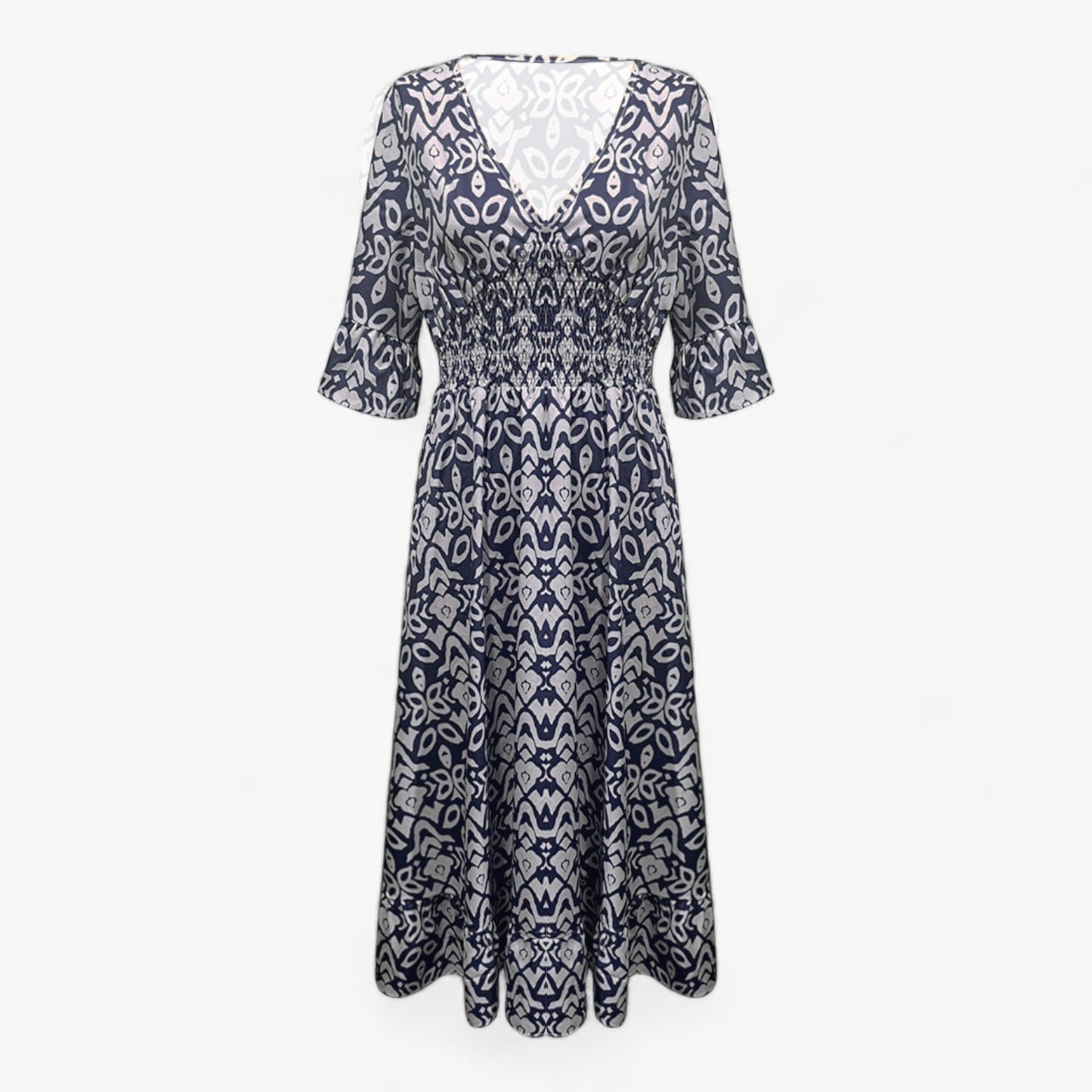 Flora | Stort blomstret V-halskjole - Perfekt til strandferier - Mørkeblå - women's fashion - {{ product_tags }