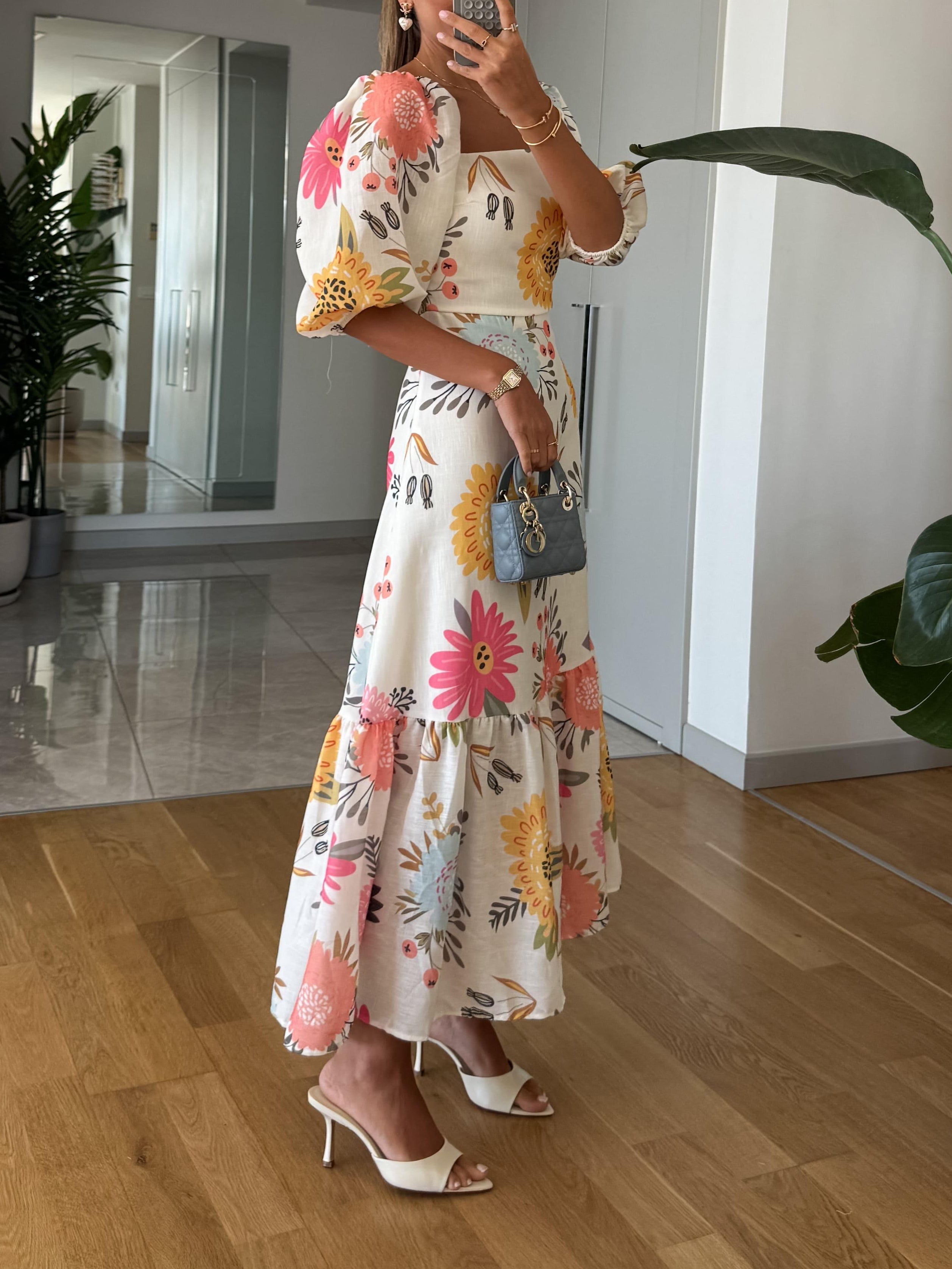 Midikjole med Pufærmer - Blomsterprint, Flerfarvet & Elegant