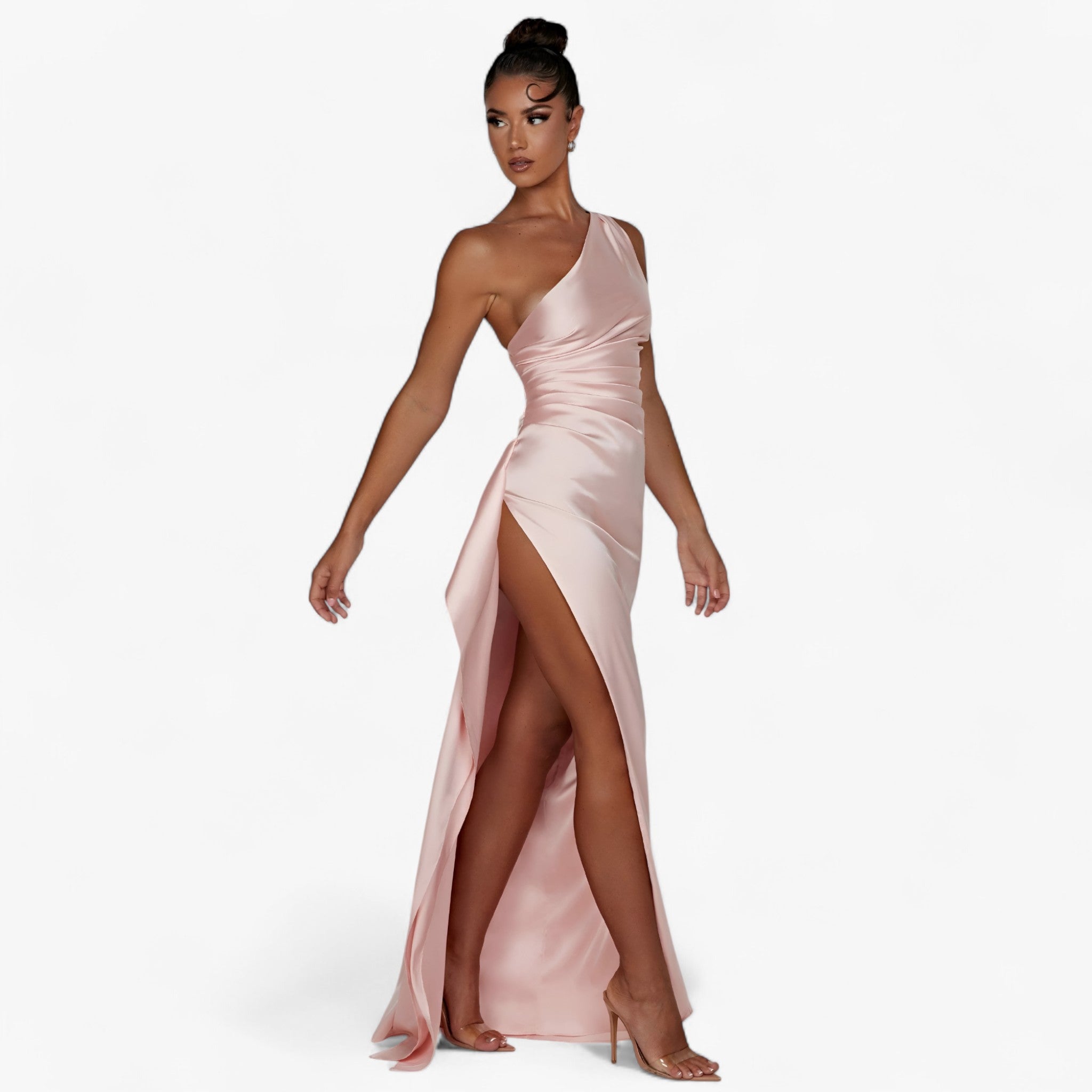 Isolde – Elegant Selskabskjole i Satin, Asymmetrisk med Høj Slids - - women's fashion - {{ product_tags }