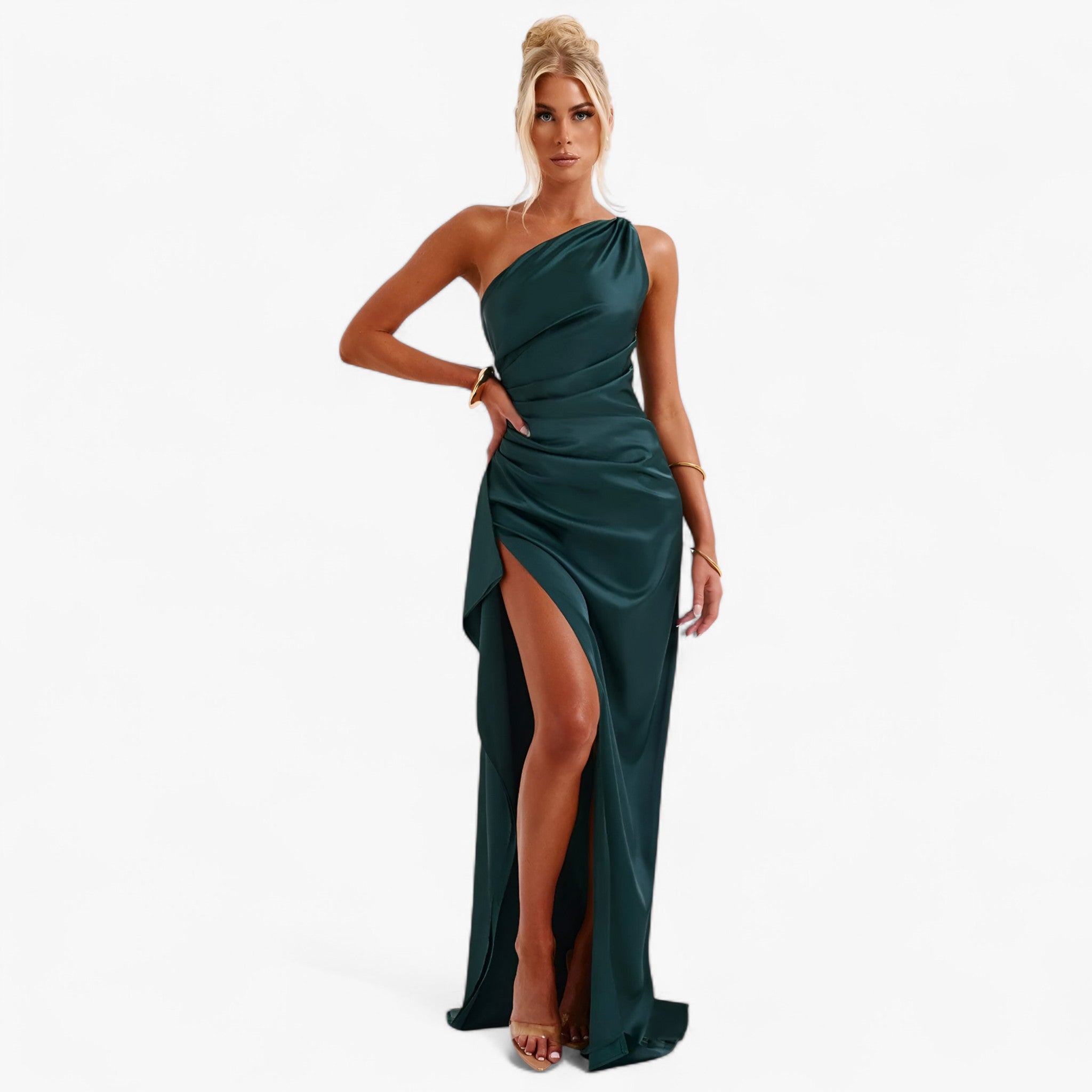 Isolde – Elegant Selskabskjole i Satin, Asymmetrisk med Høj Slids - Verde scuro - women's fashion - {{ product_tags }