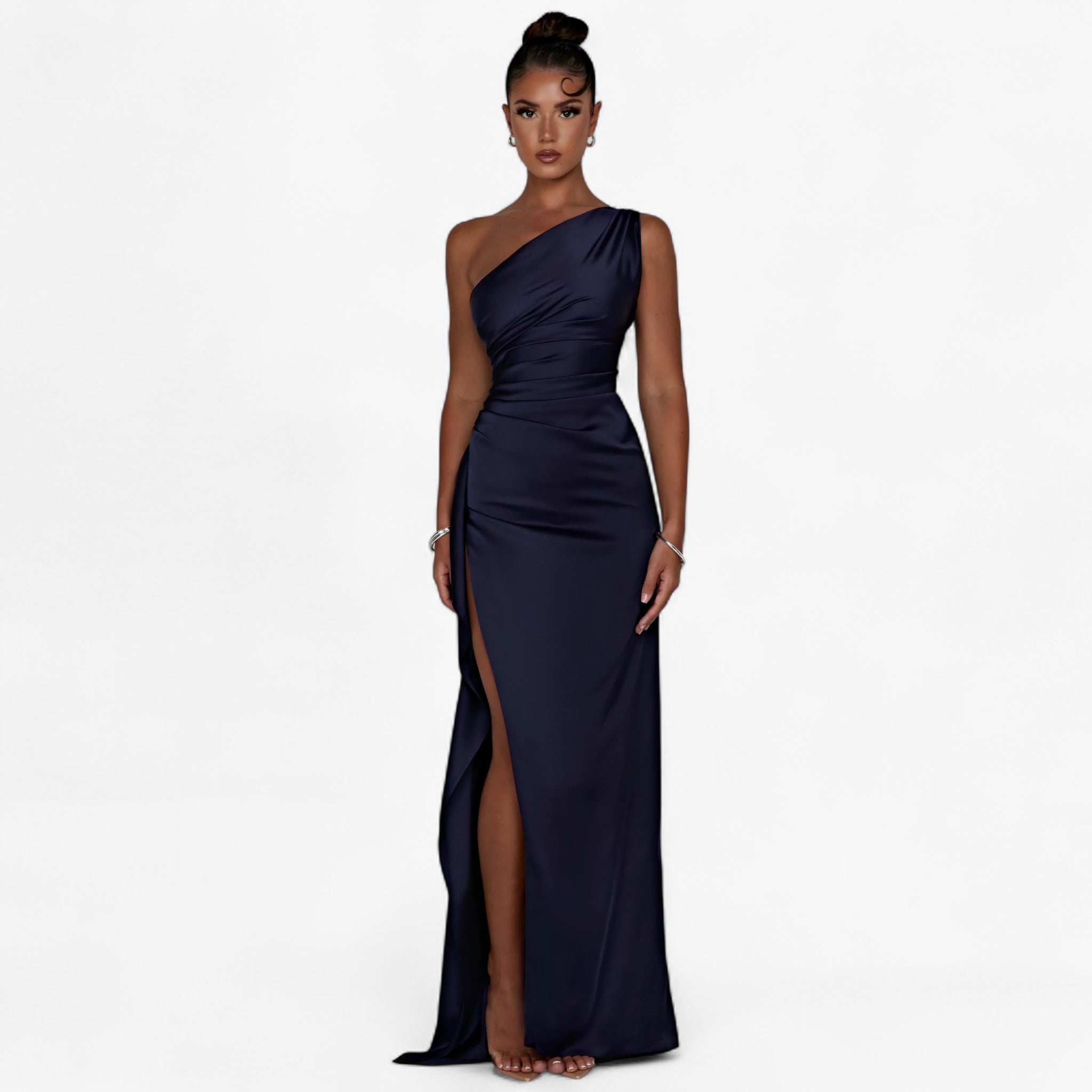 Isolde – Elegant Selskabskjole i Satin, Asymmetrisk med Høj Slids - - women's fashion - {{ product_tags }