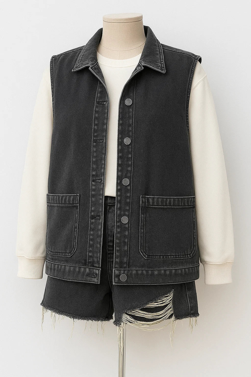 Natalia – Denim vintage casual vest med knapper - Mørkegrå Enkel vest - Natalia – Denim vintage casual vest med knapper - €25 - {{ product_tags }
