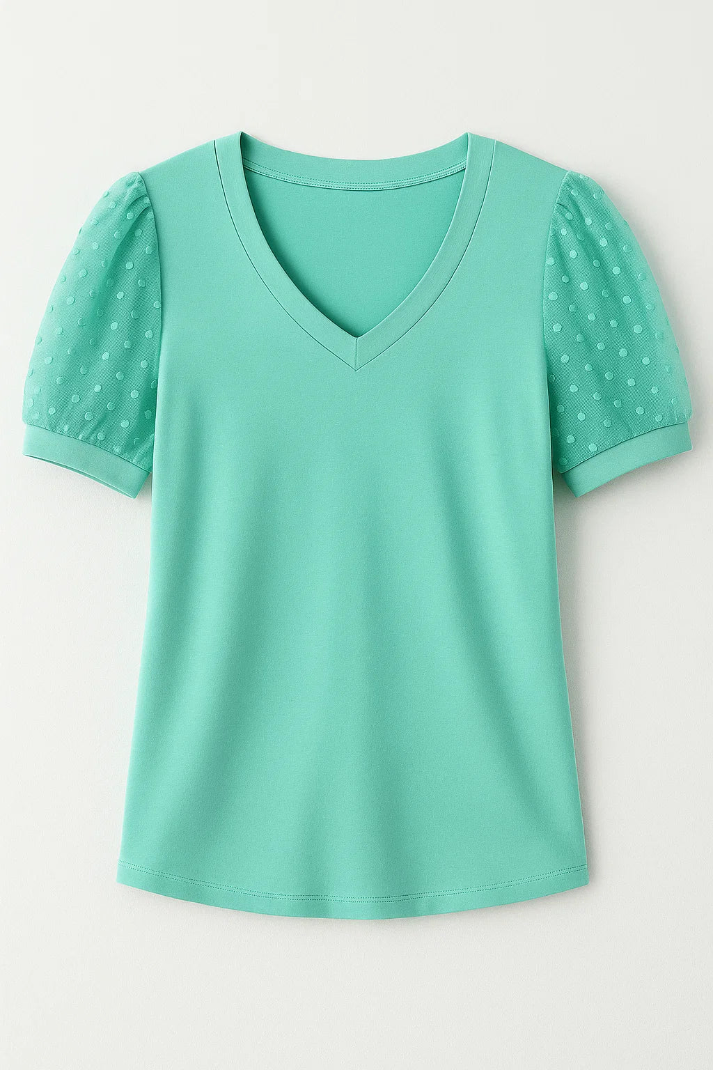 Janne – T-shirt elegant med puffærmer og V-hals - Turkis - Janne – T-shirt elegant med puffærmer og V-hals - €25 - {{ product_tags }