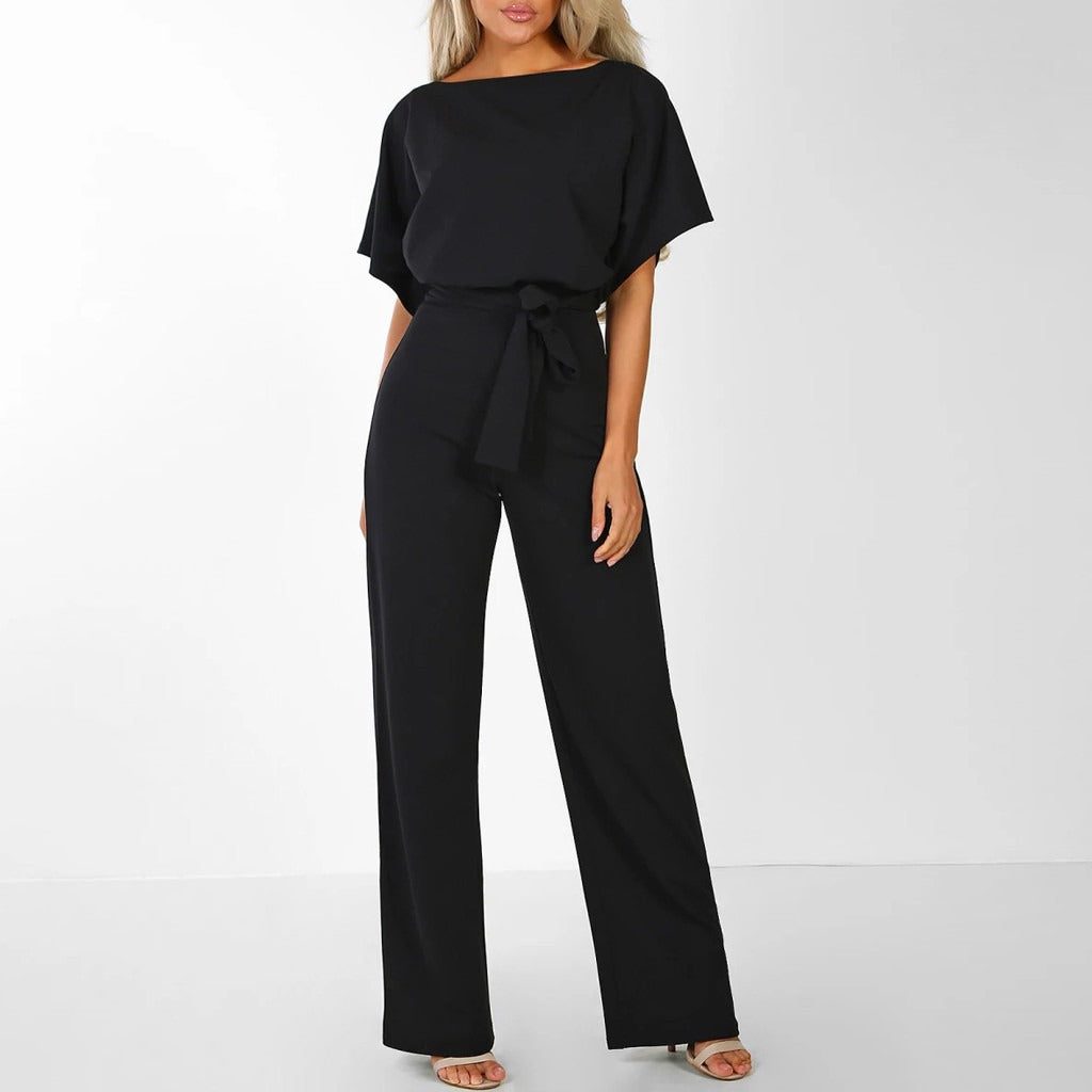 Dame Elegant Jumpsuit med Bælte - Wide Leg Buksedragt