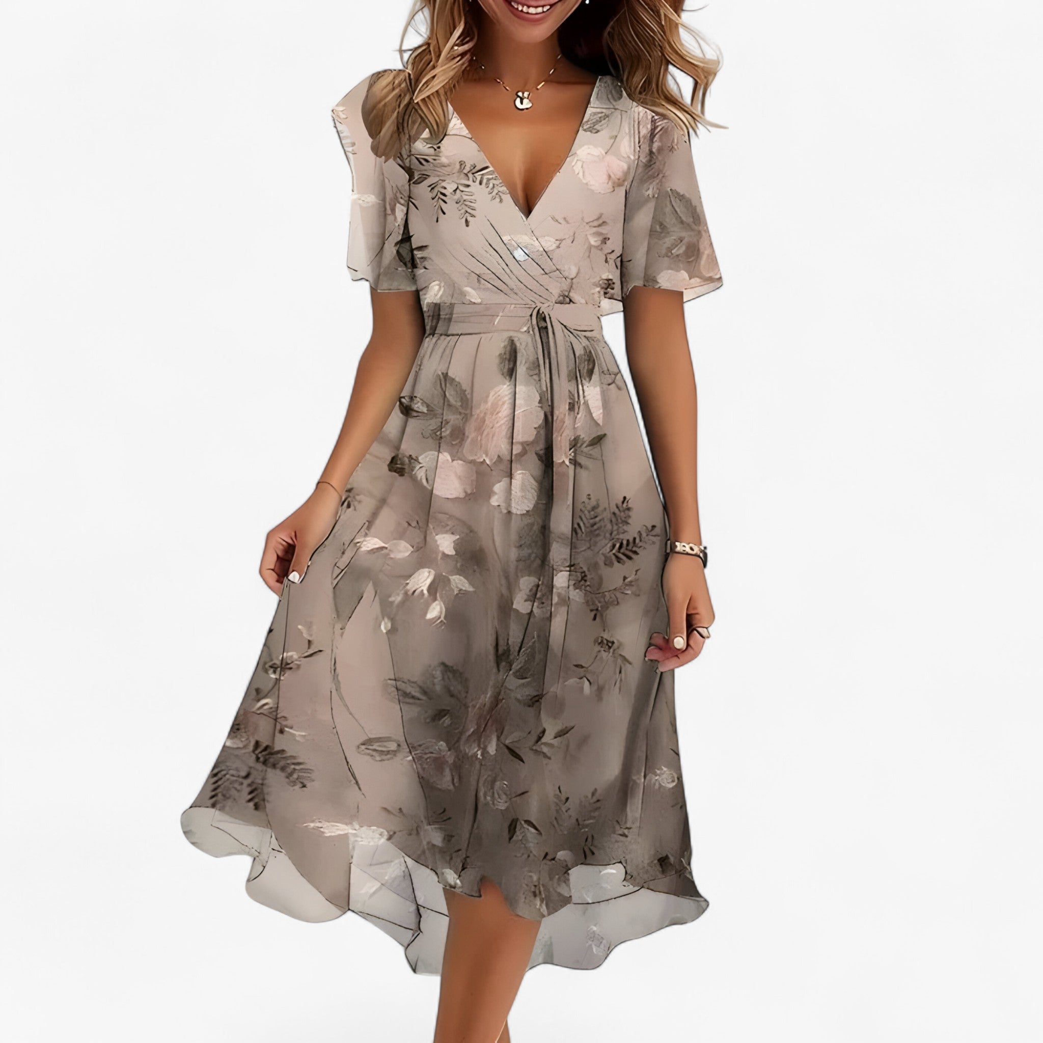 Emilia | Elegant midi kjole med neutral blomsterprint - Lys brun - women's fashion - {{ product_tags }