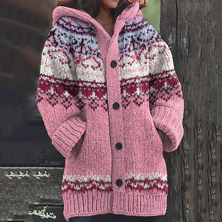 Dame Hættet Strikcardigan med Fair Isle Mønster