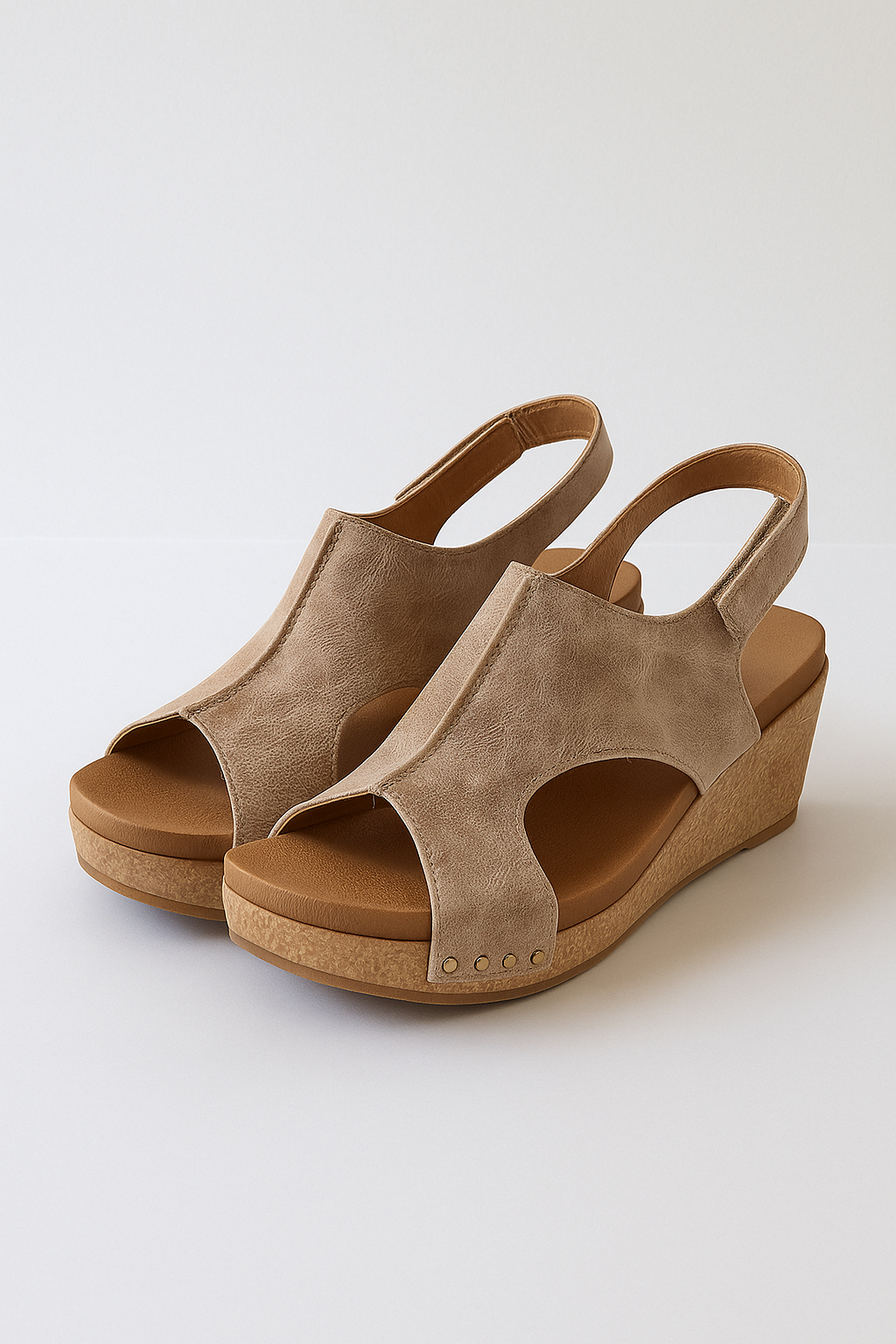 Sienna | Kvinders kilehæl sandal af ruskind med korksål - Beige - Sienna | Kvinders kilehæl sandal af ruskind med korksål- €25 - {{ product_tags }