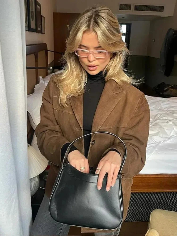 Dame Oversize Blazer - Brun Ruskindslook med Revers