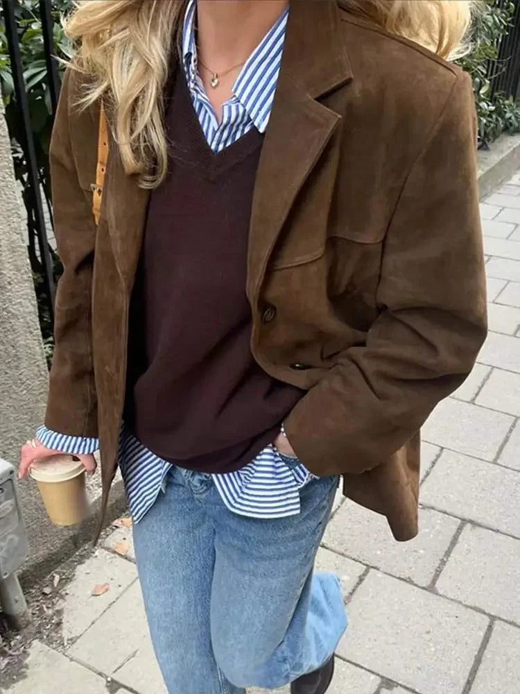 Dame Oversize Blazer - Brun Ruskindslook med Revers