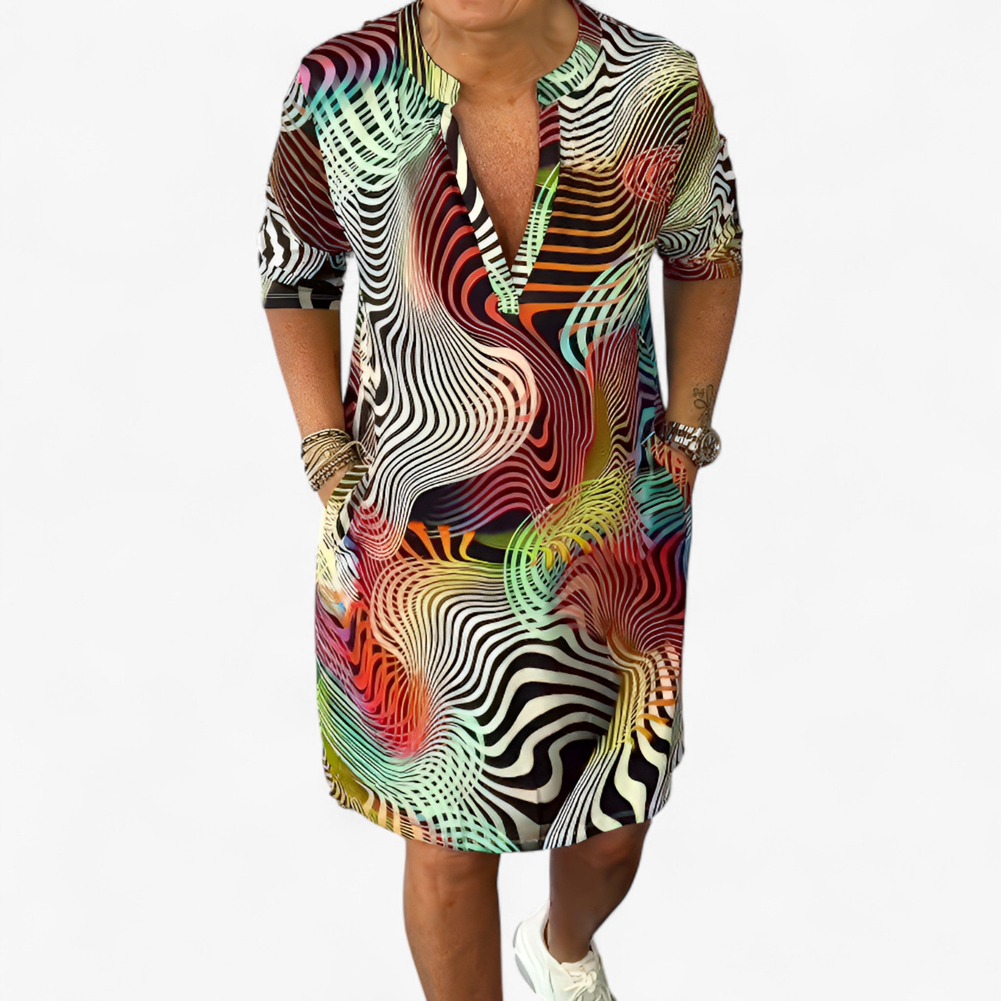 Katherine | Kvinders Strækbart V-hals Kjole - Flerfarvet - women's fashion - {{ product_tags }