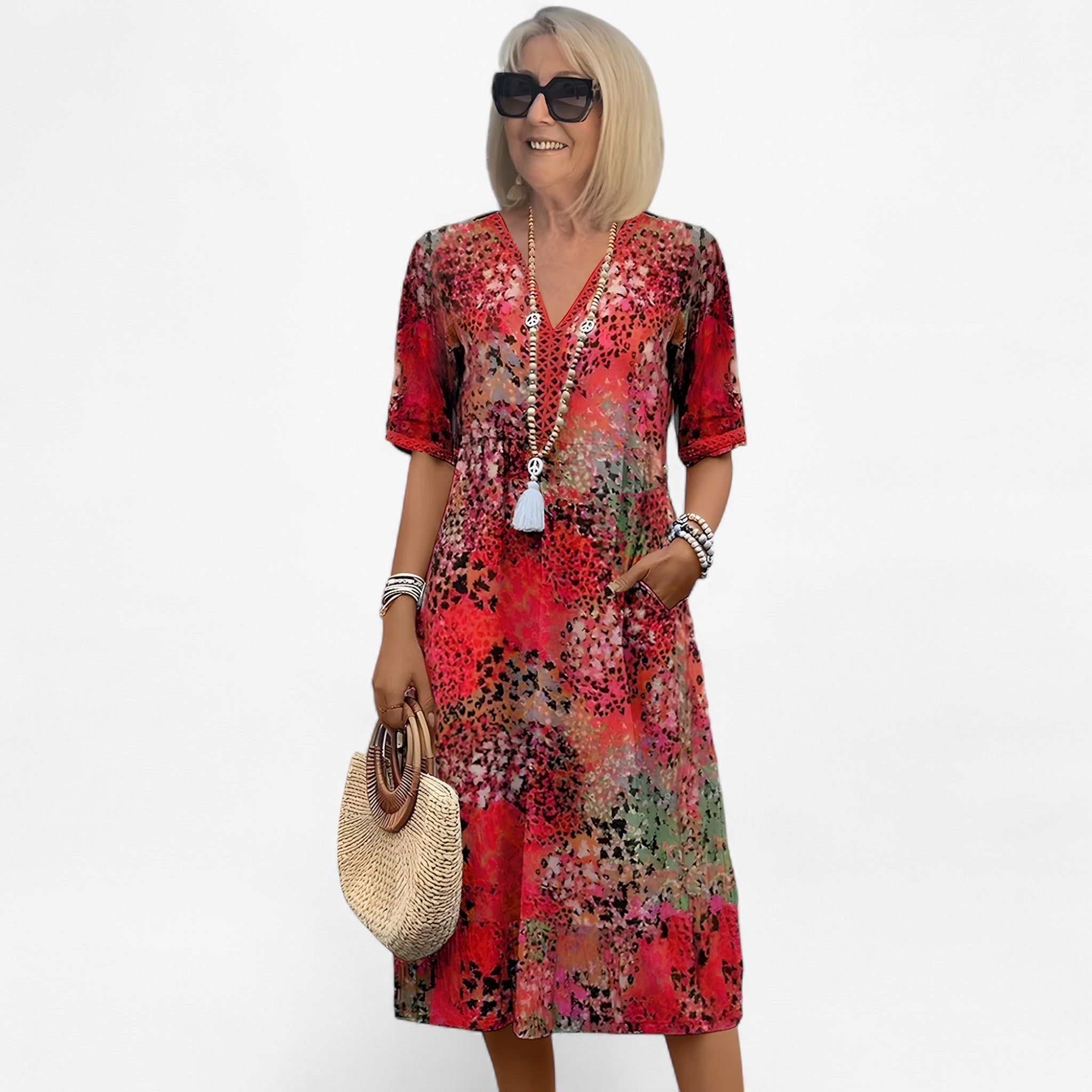 Patricia - Kjole med blomsterprint - Rød - women's fashion - {{ product_tags }