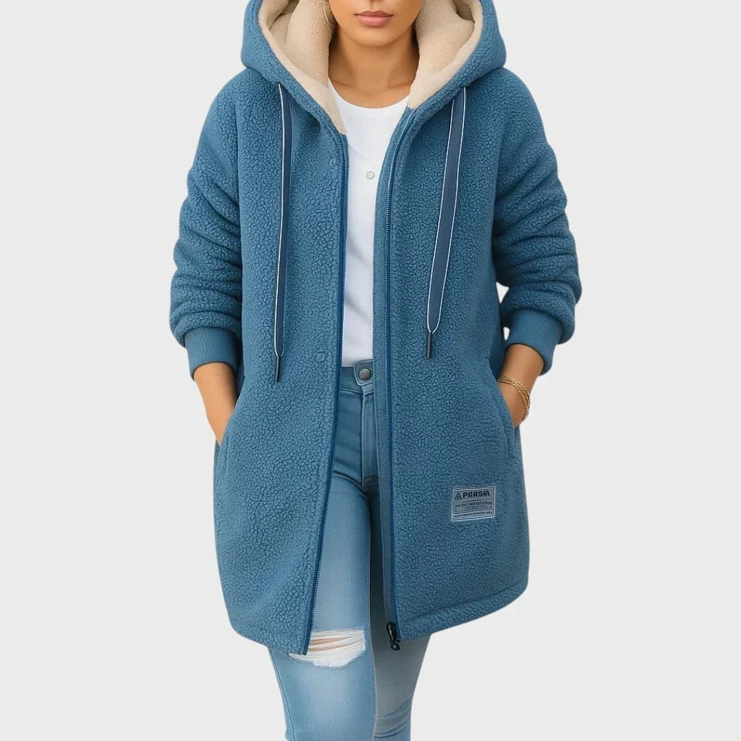 Dameteddyjakke med haette og lynlaas - Blaa - Jacket - {{ product_tags }
