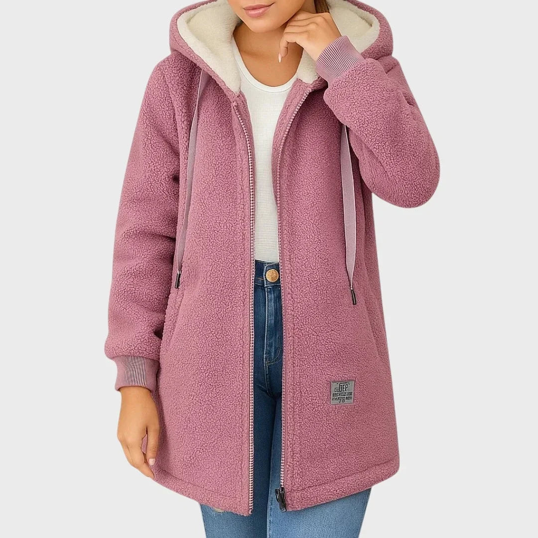 Dameteddyjakke med haette og lynlaas - Pink - Jacket - {{ product_tags }