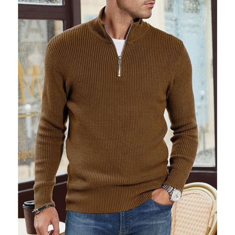 Herre Rullekrave Sweater med Halv Lynlaas - Varm Strik, Regular Fit